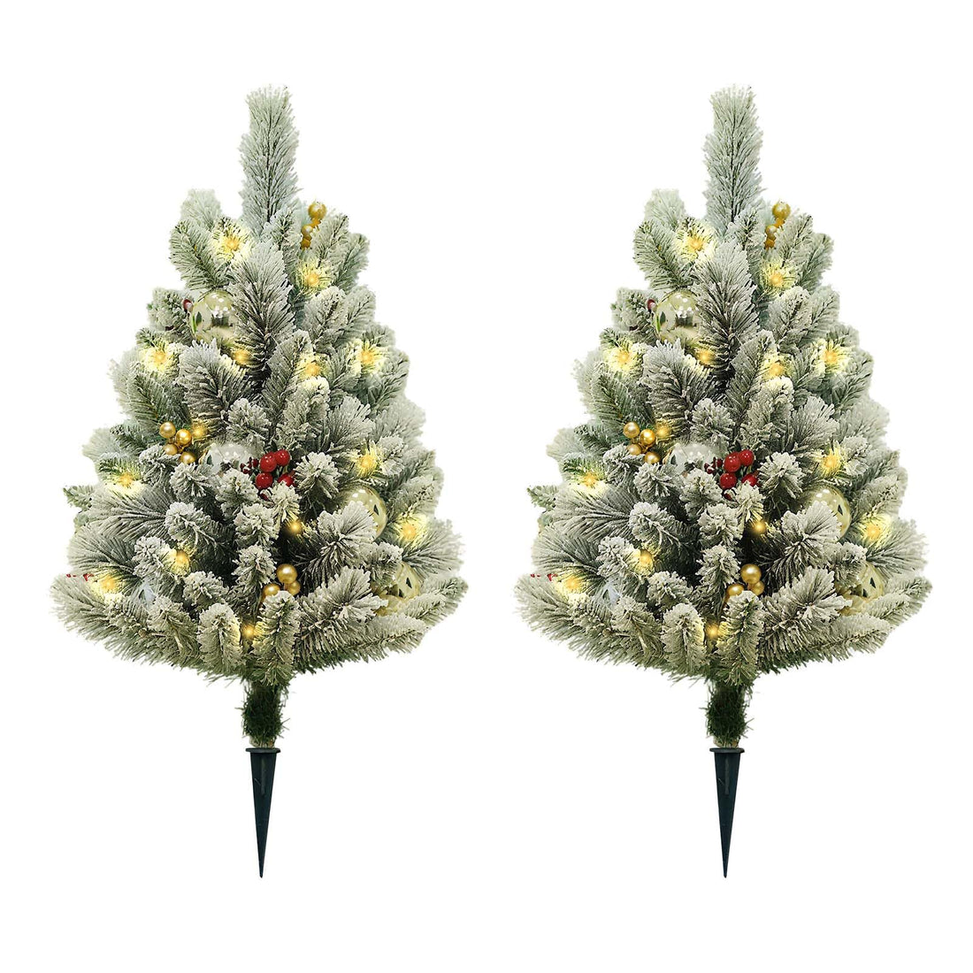 Garvee Set di 2 pezzi Albero di Natale artificiale da 75 cm con luci a LED e bacche rosse per decorazioni natalizie, floccato, stabile, bianco invernale e rosso