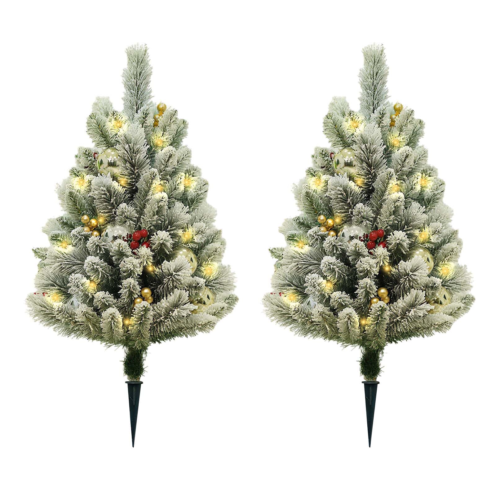 Garvee Set di 2 pezzi Albero di Natale artificiale da 75 cm con luci a LED e bacche rosse per decorazioni natalizie, floccato, stabile, bianco invernale e rosso