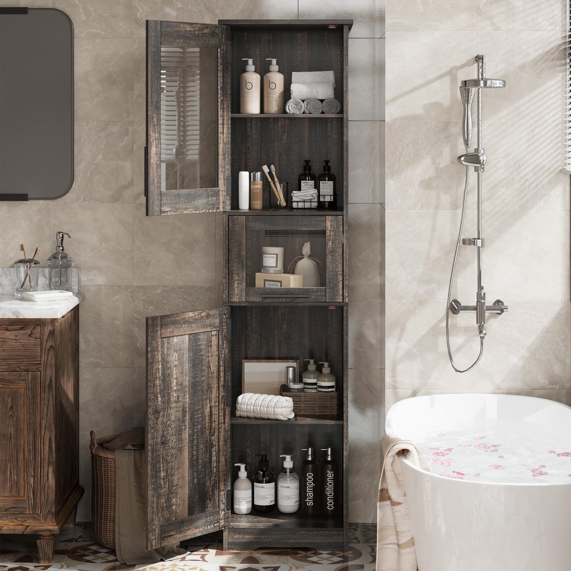 Mobiletto da bagno alto e sottile Garvee con ante, ripiani regolabili, MDF, design retrò in vetro, rovere scuro per piccoli spazi e soggiorni