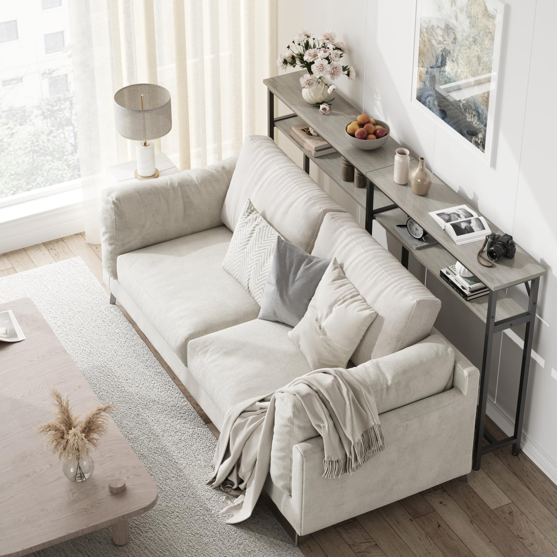 GARVEE Tavolo consolle stretto 180x23x100 cm, 2 ripiani, spazio di archiviazione, legno, extra lungo, grigio, per corridoio e soggiorno