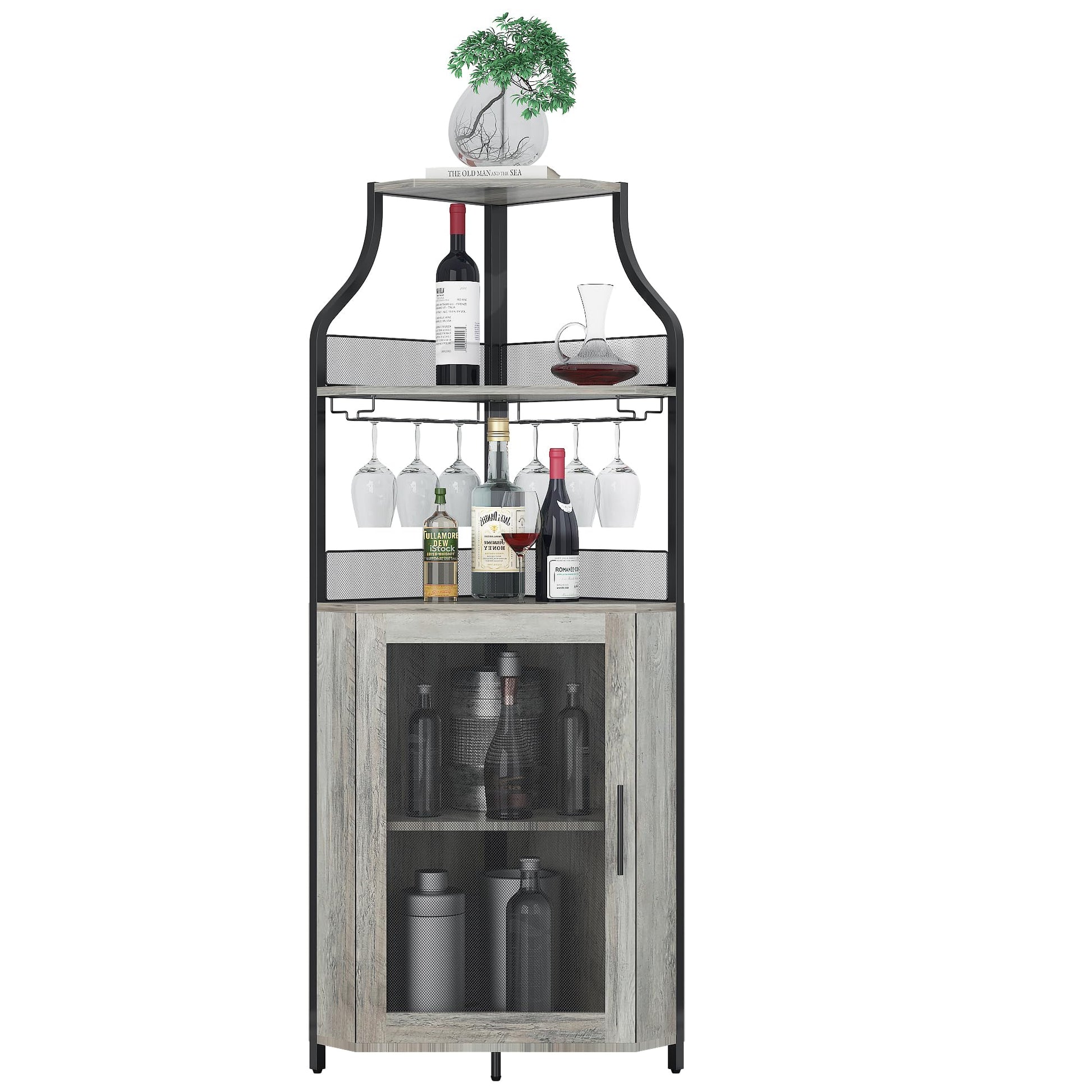 Mobiletto angolare Garvee con 5 ripiani, ripiani regolabili, MDF e metallo, anta a battente, grigio, per cucina e sala da pranzo, 47 x 45 x 152 cm