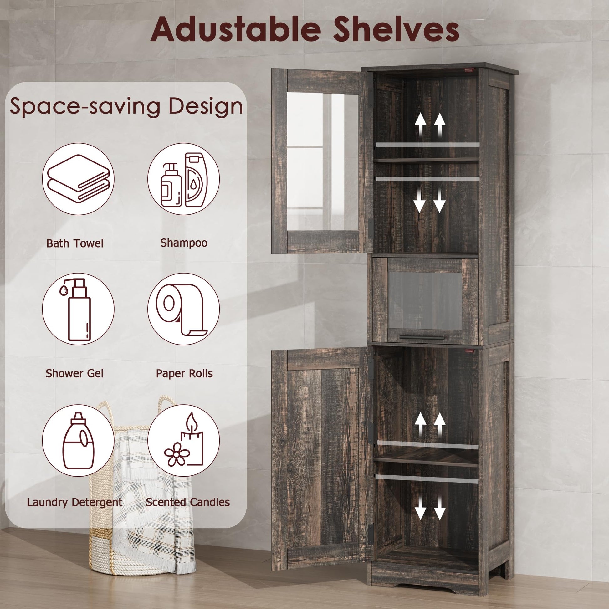Mobiletto da bagno alto e sottile Garvee con ante, ripiani regolabili, MDF, design retrò in vetro, rovere scuro per piccoli spazi e soggiorni