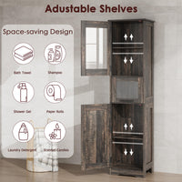Mobiletto da bagno alto e sottile Garvee con ante, ripiani regolabili, MDF, design retrò in vetro, rovere scuro per piccoli spazi e soggiorni