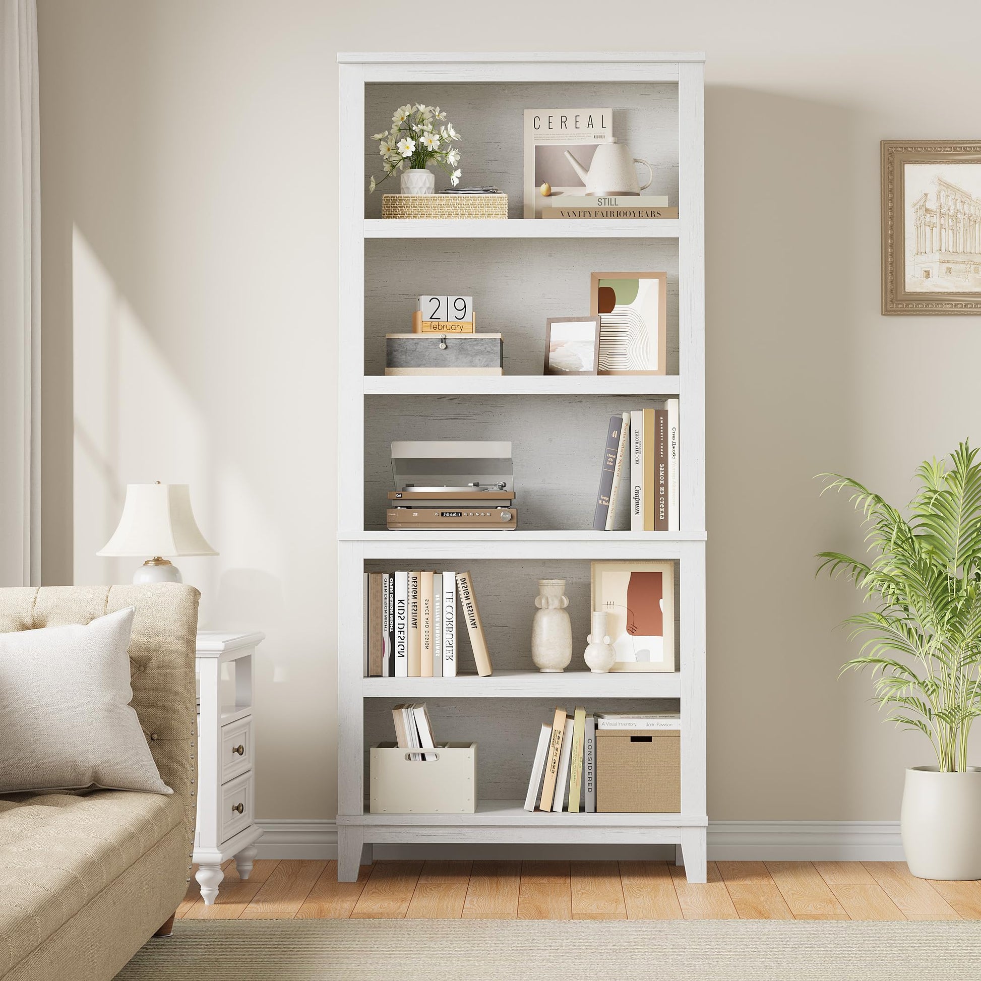 Libreria in legno Garvee, 5 ripiani, robusta, design vintage, MDF e legno, per soggiorno, ufficio, impermeabile, marrone