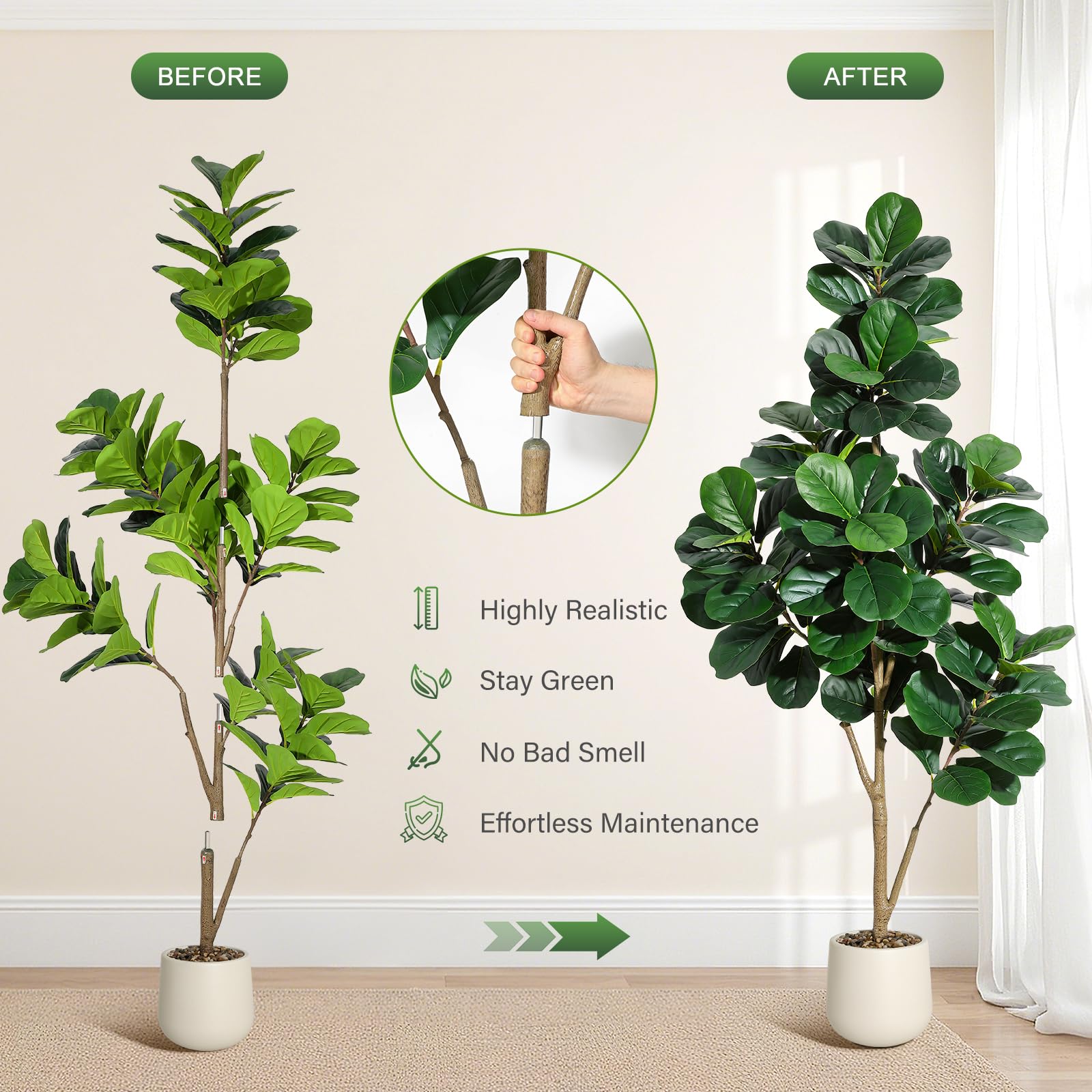 Albero artificiale di Ficus Lyrata Garvee da 6 piedi con 108 foglie, vaso bianco da 9 pollici, soggiorno e ufficio, facile da pulire