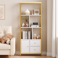 Libreria Garvee a 4 ripiani con 3 cassetti, oro e bianco, struttura in metallo per soggiorno e ufficio, design moderno, piedini regolabili