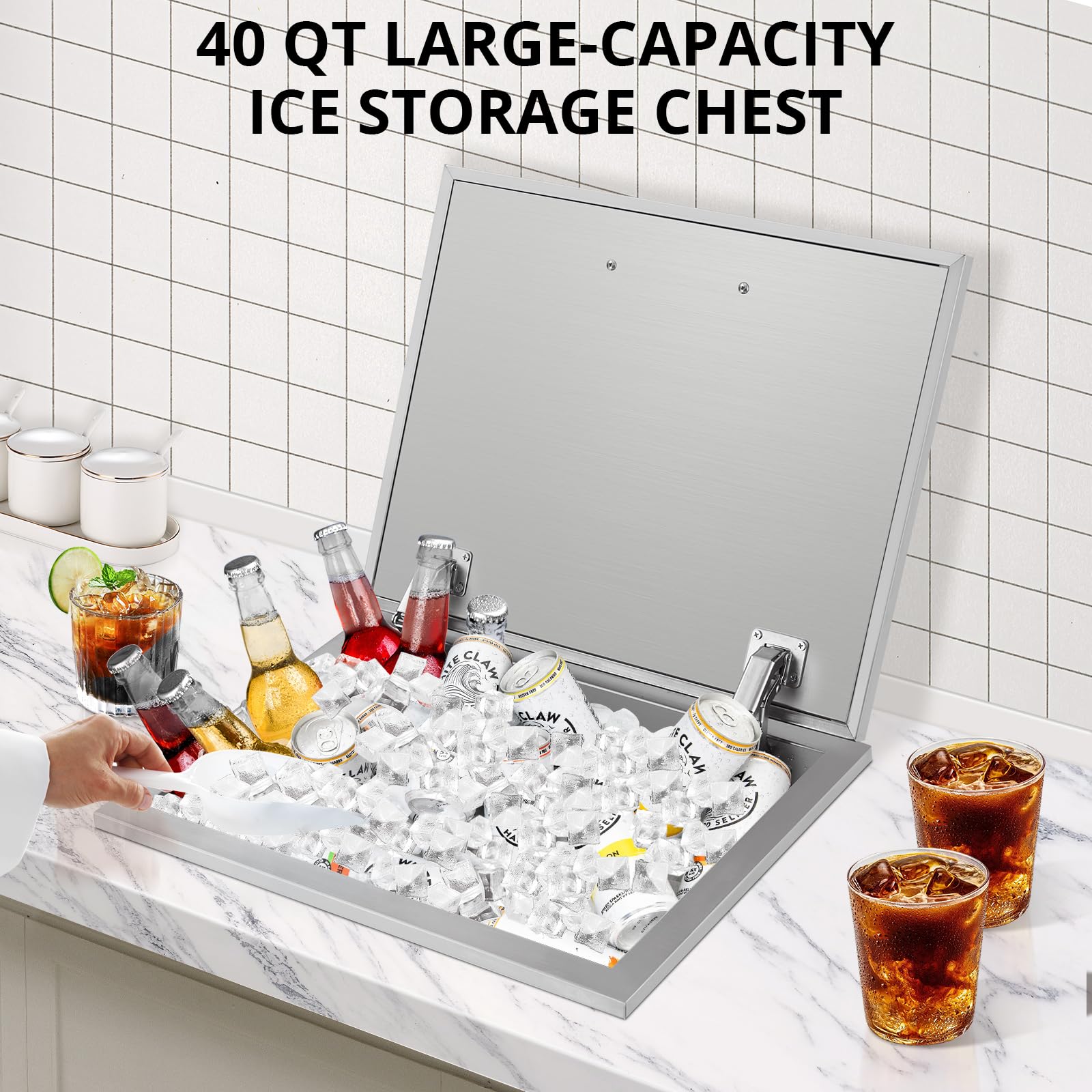 Contenitore per ghiaccio Garvee Drop-In da 40 QT in acciaio inossidabile isolato con scarico per cucina da esterno, robusto e igienico
