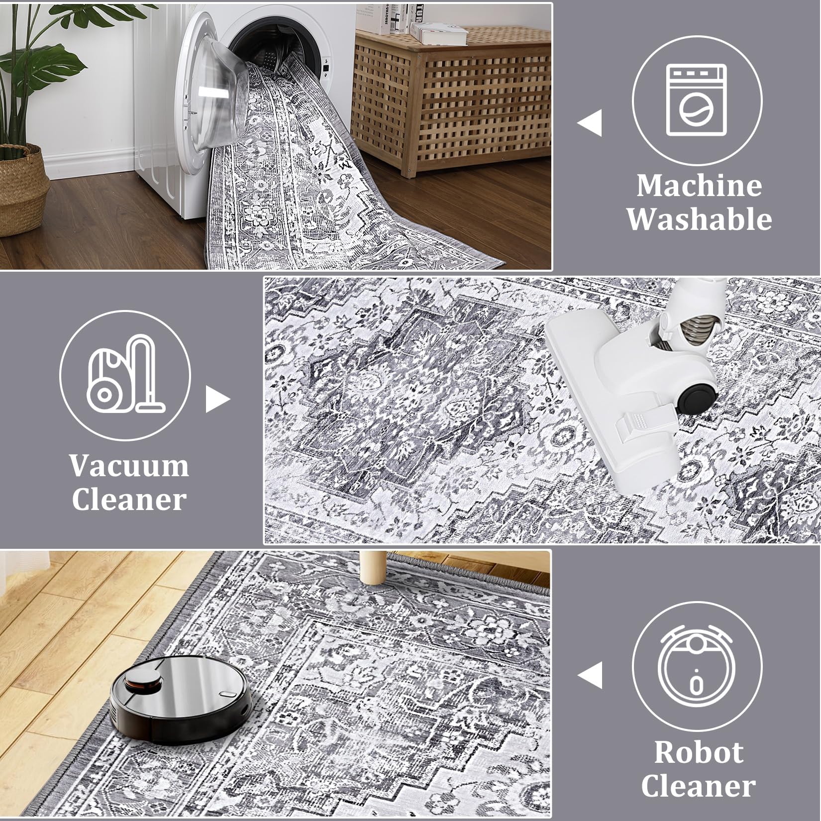 Tappeto grande Garvee 200x290cm lavabile in lavatrice, antiscivolo, antimacchia, grigio vintage, tappeto per soggiorno, camera da letto, decorazione per la casa