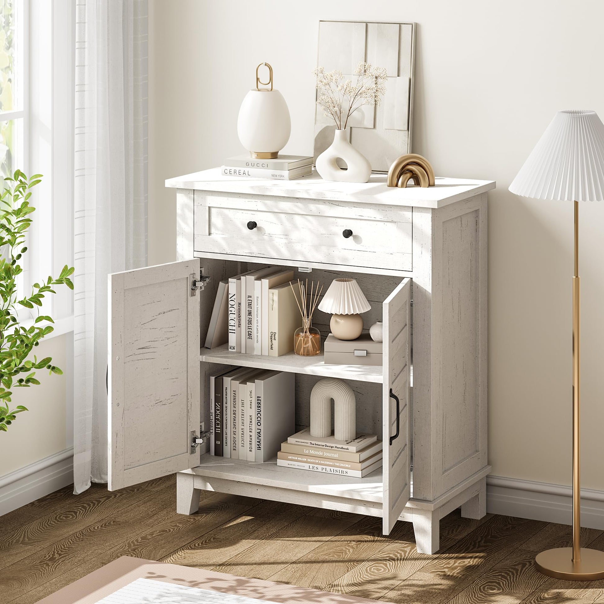 Mobiletto portaoggetti Garvee Farmhouse, ripiano regolabile a 3 livelli, 7 marce, bianco, per cucina e corridoio, 15,7x31,5x36 pollici, rustico