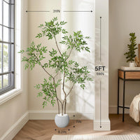 Fiore artificiale Nandina Garvee da 1,5 m con vaso in ceramica grigia per arredamento interno, soggiorno, ufficio, facile da curare, foglie realistiche