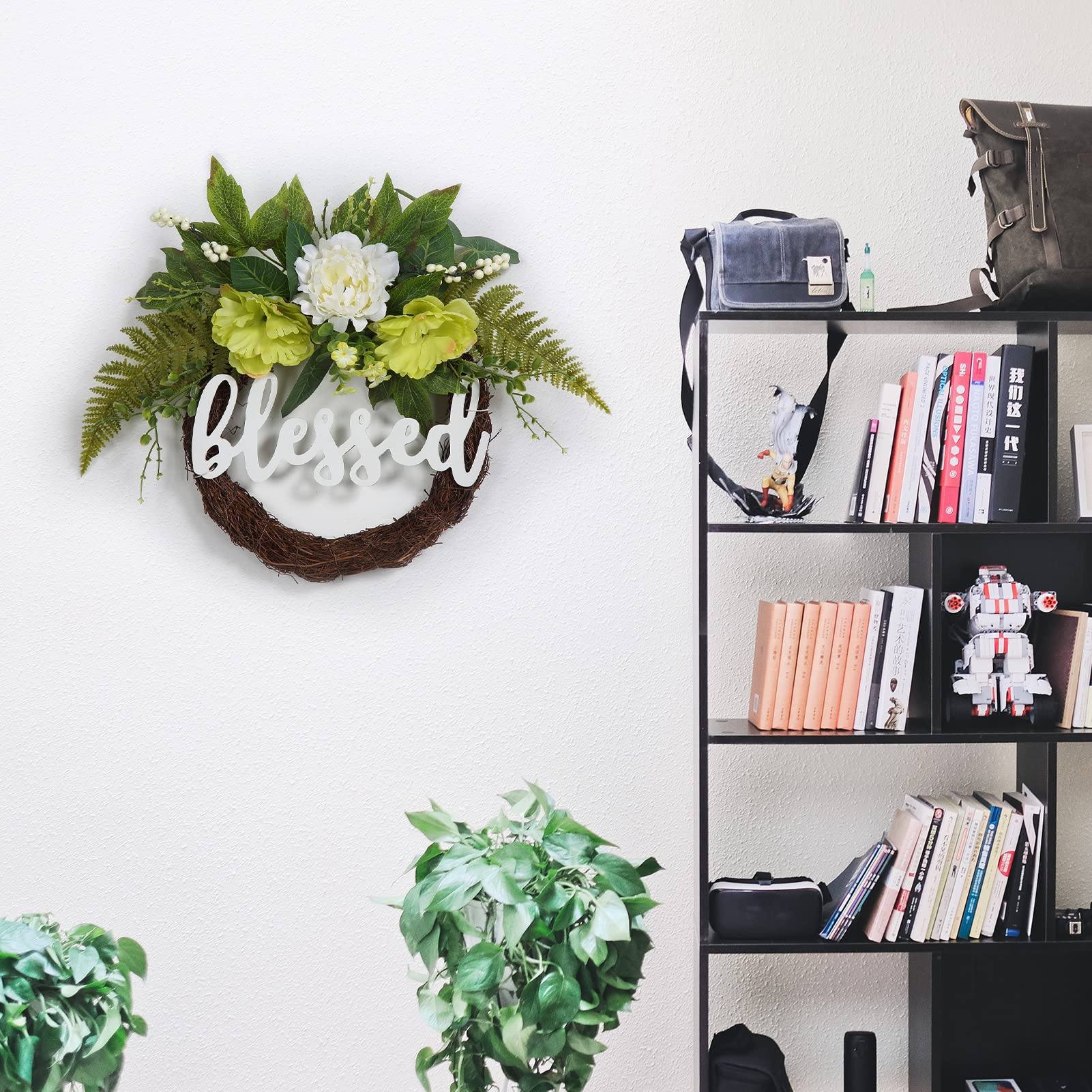 Ghirlanda per porta Garvee primavera estate da 24 pollici, verde ortensia, segno benedetto, artificiale, fatta a mano, resistente alle intemperie per porta d'ingresso e uso interno