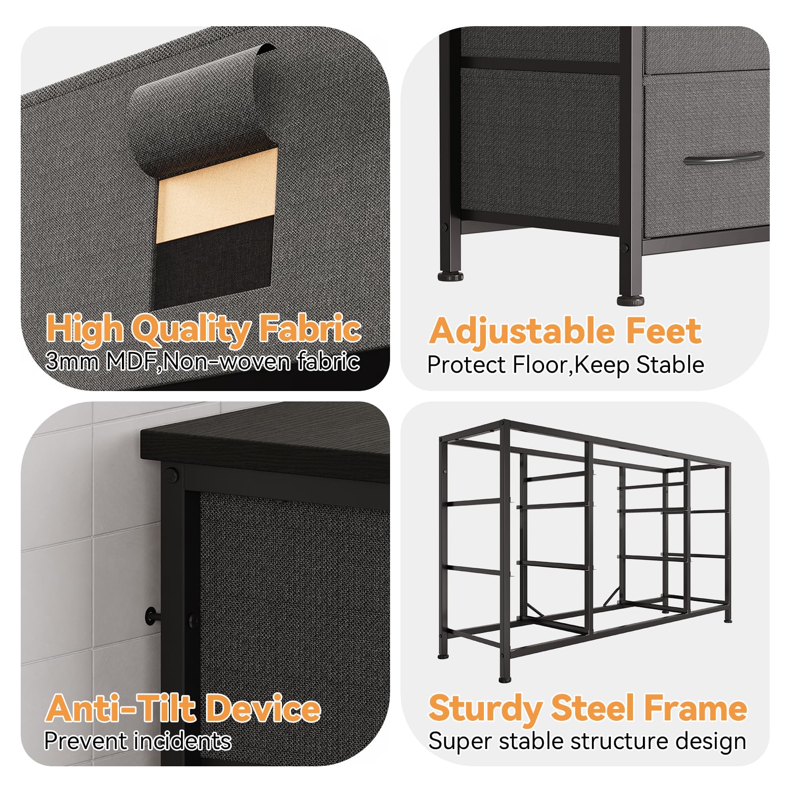 Cassettiera GARVEE con cassetti, credenza con 10 cassetti in tessuto e 3 prese di corrente, cassettiera per soggiorno, credenza per ingresso, mobile contenitore con rivestimento in tessuto, robusta struttura in metallo, piano in legno