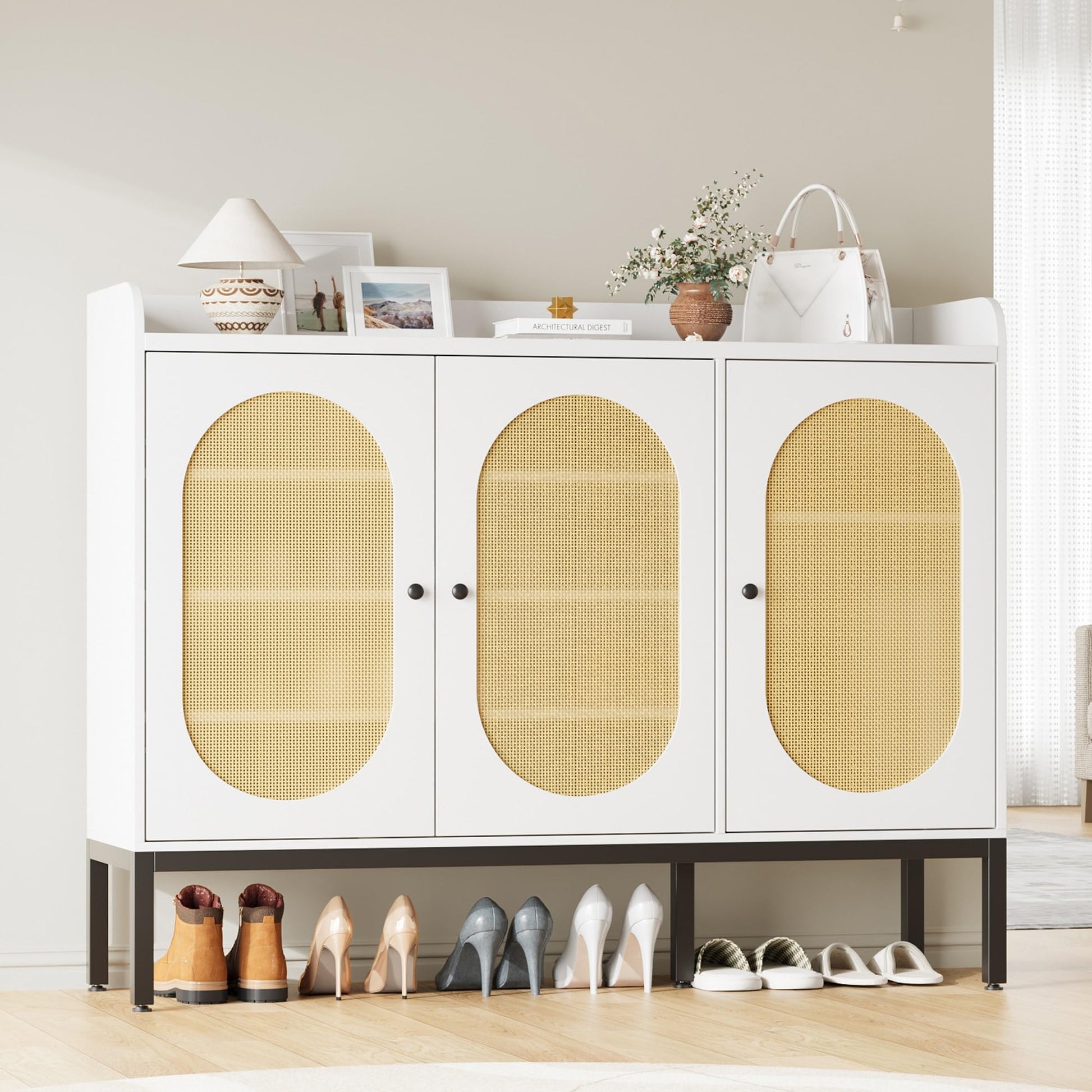 Scarpiera Garvee con 3 ante in rattan, ripiani regolabili, legno MDF, bianco per corridoio e soggiorno, ampio spazio di archiviazione, 46,10"L x 13,9"W x 28,7"H