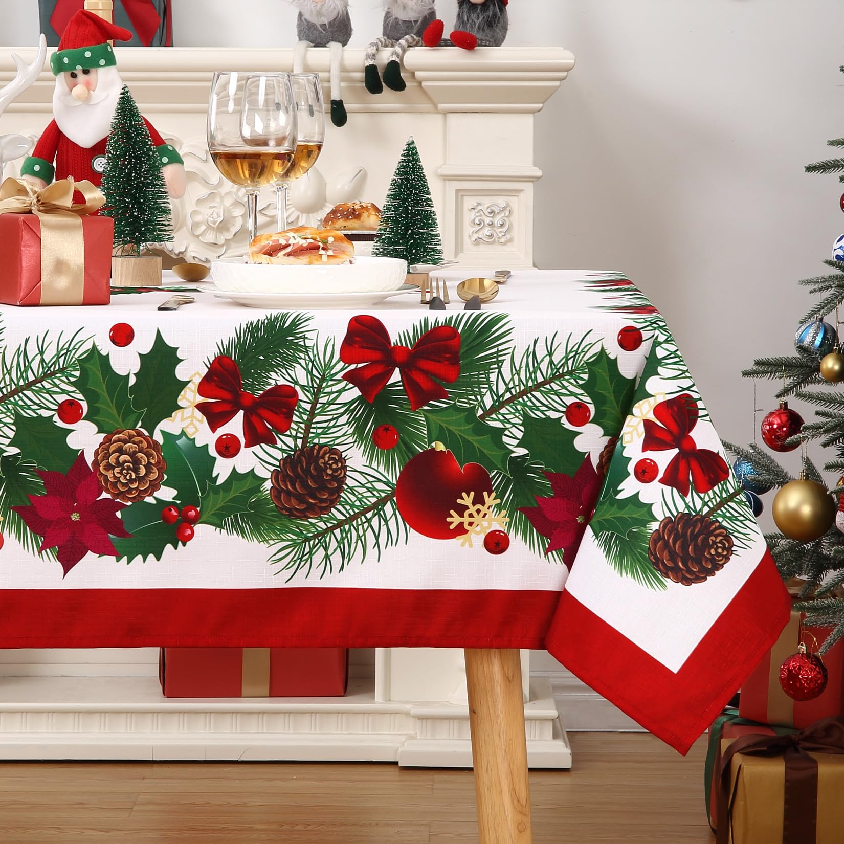 Tovaglia natalizia Garvee Nappe De Noël, rettangolare, 137x200 cm, bianca, festosa con fiocchi, per decorazioni natalizie