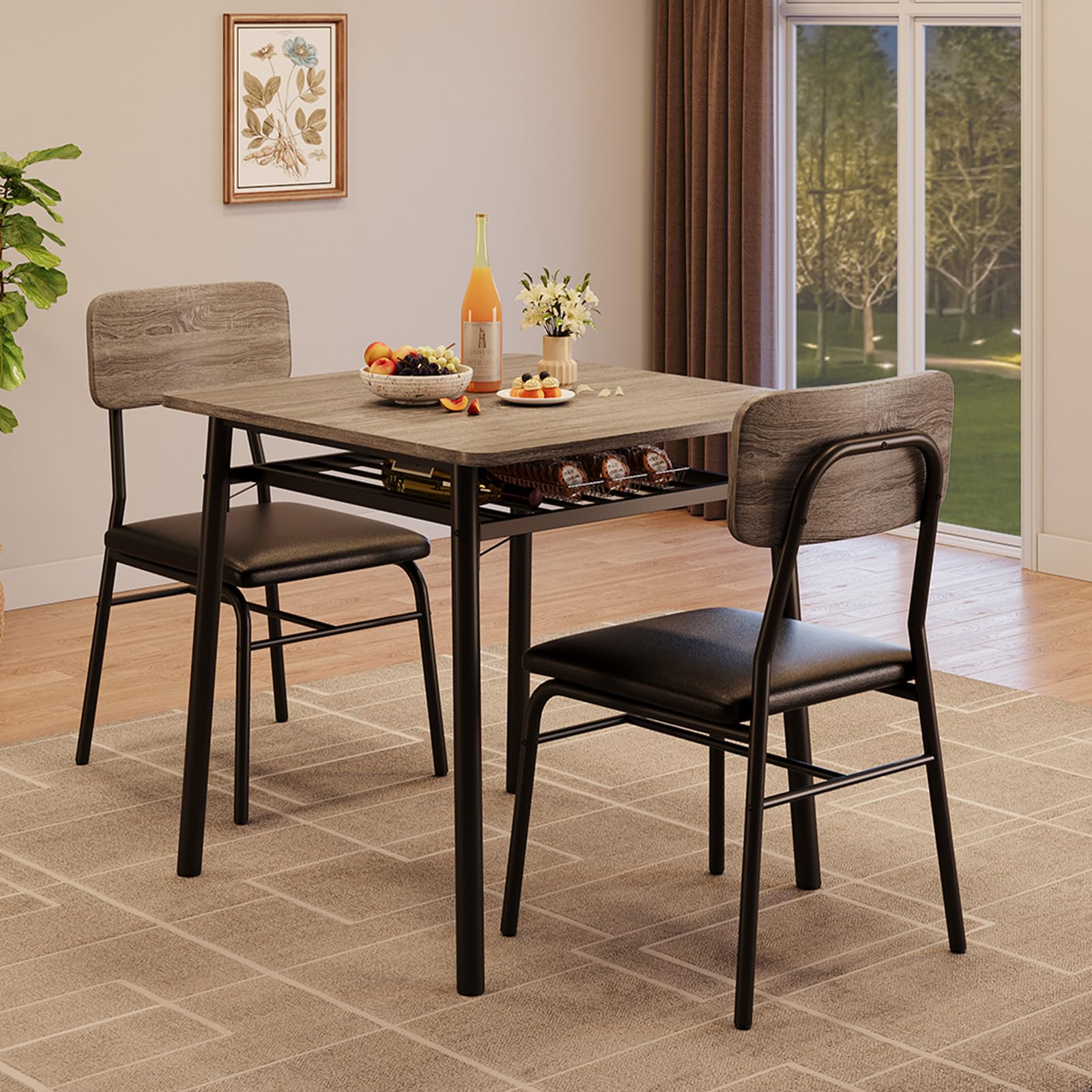 Tavolo da pranzo Garvee per 2 persone con contenitore, struttura in metallo, sedie imbottite, piano in legno MDF, grigio, cucine e appartamenti piccoli