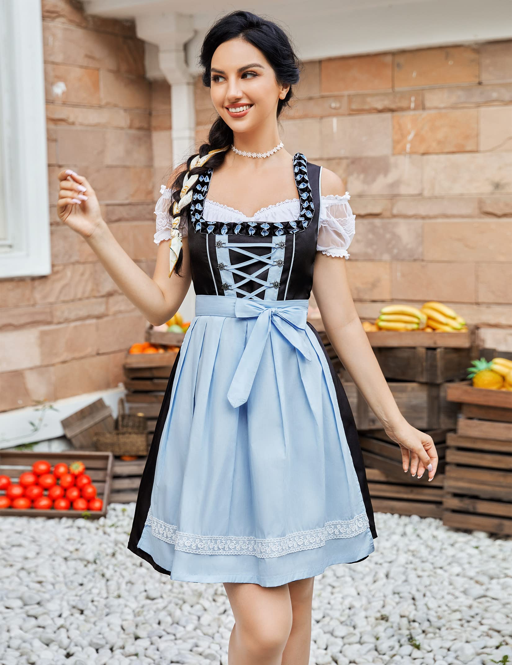 Garvee - Abito tradizionale corto Dirndl in 3 pezzi per l'Oktoberfest, blu, taglia 36