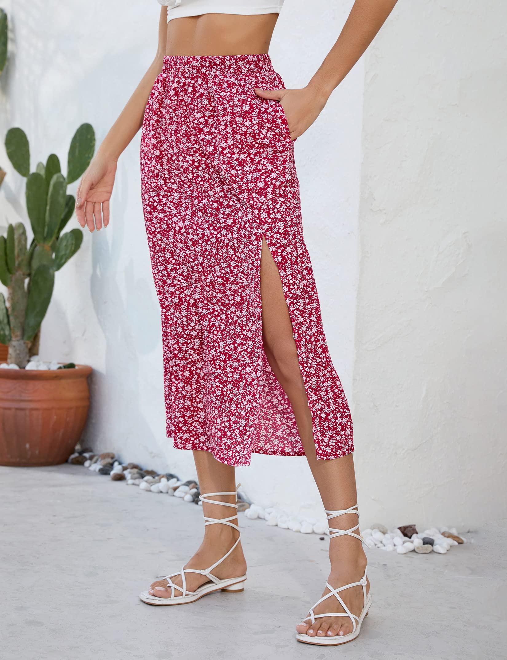 Garvee Gonna Donna A-Line con Spacco Floreale Boho Midi Alta Vita Stampata Casual Spiaggia Festa Lavoro Rosso A-Blumen L