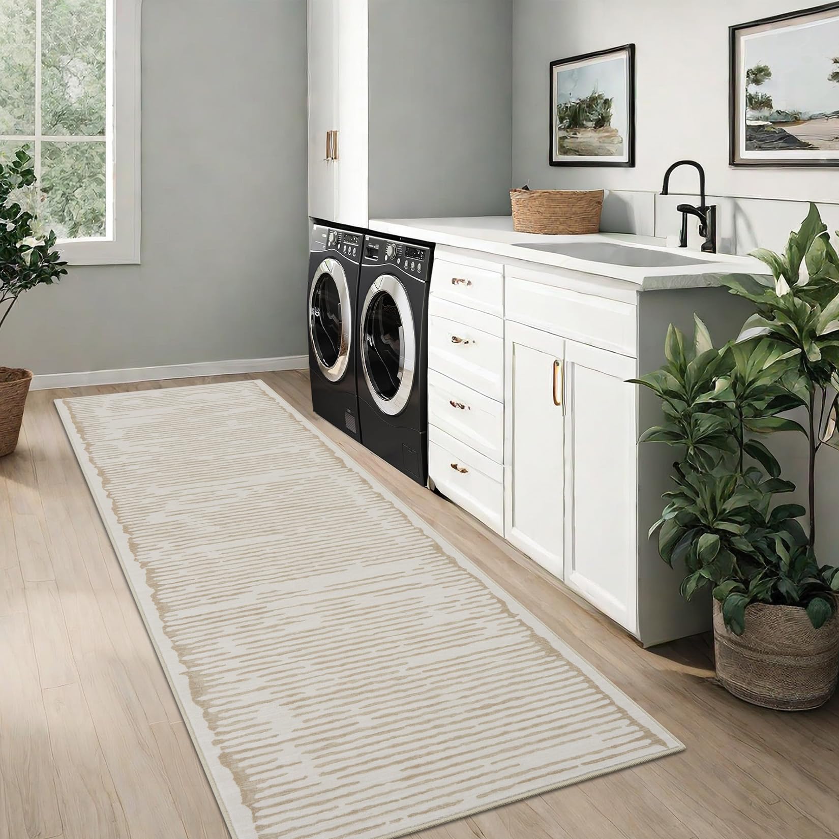 Tappeto Garvee lavabile a pelo corto 80x150cm beige per camera da letto soggiorno cucina corridoio