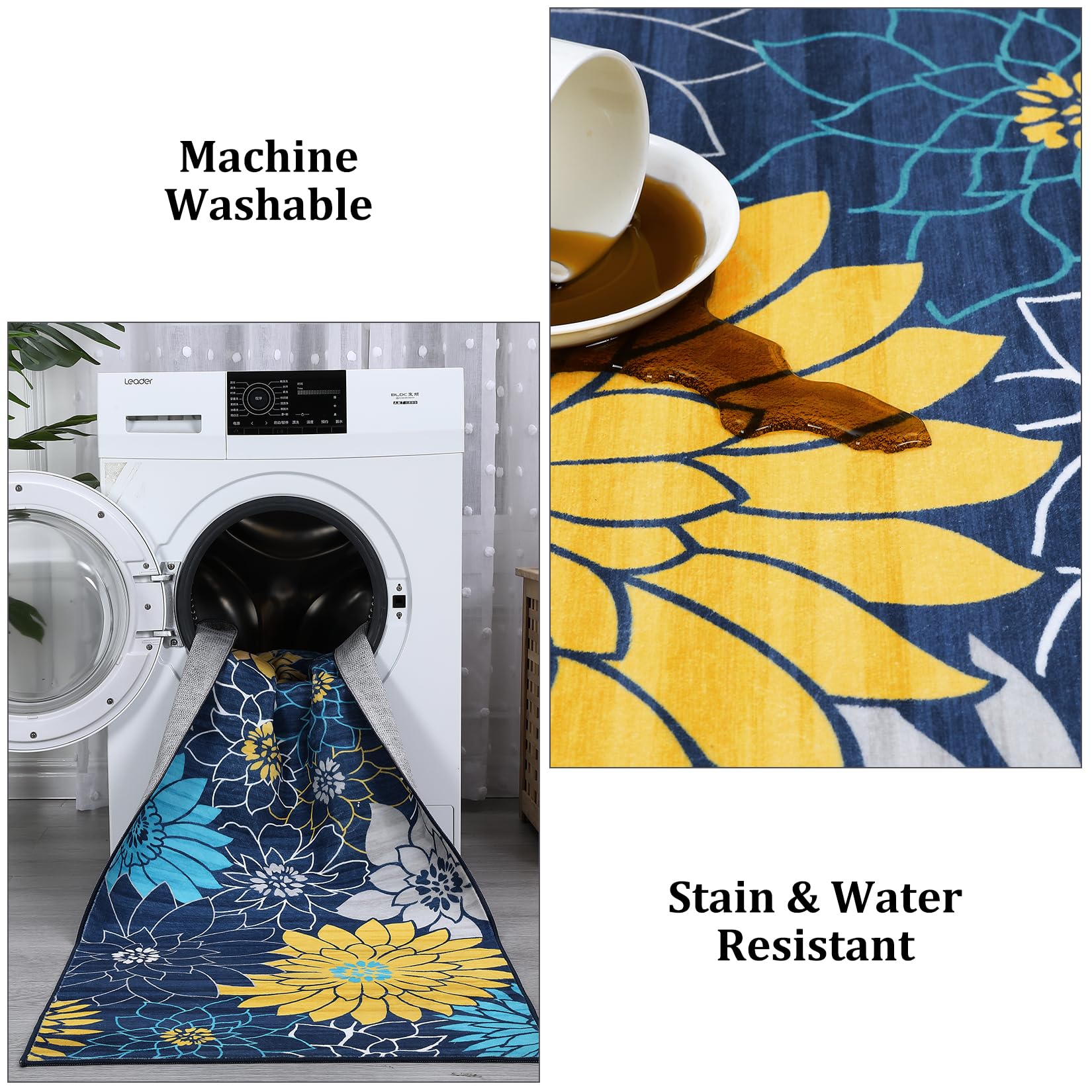 Tappeto Garvee lavabile in lavatrice con motivo floreale per soggiorno, tappeto antiscivolo per camera da letto, cucina, cameretta dei bambini, blu, 160x230 cm