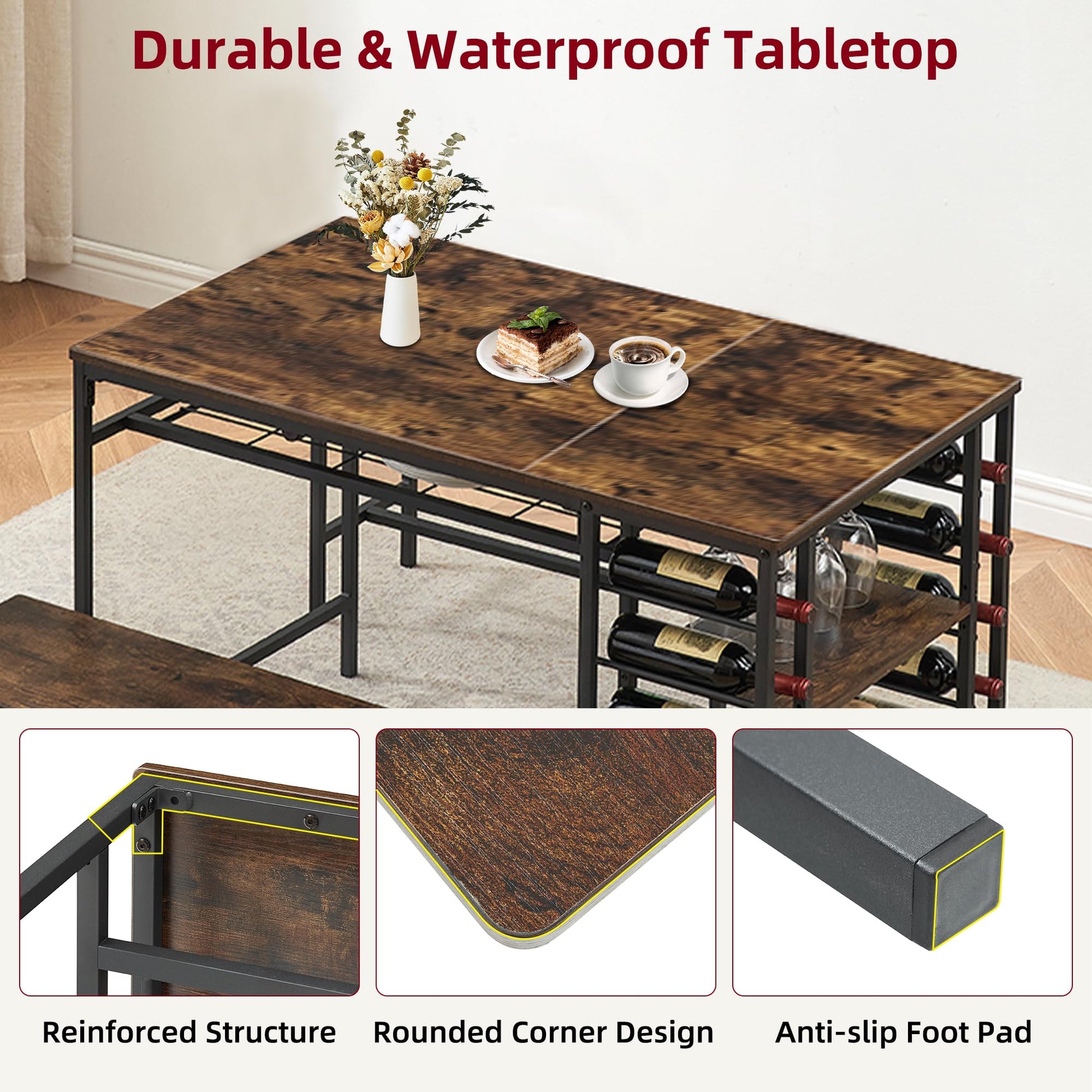 Tavolo da pranzo Garvee per 4 persone con portabottiglie e contenitore, robusto metallo e legno, salvaspazio, rettangolare, ideale per stanze piccole