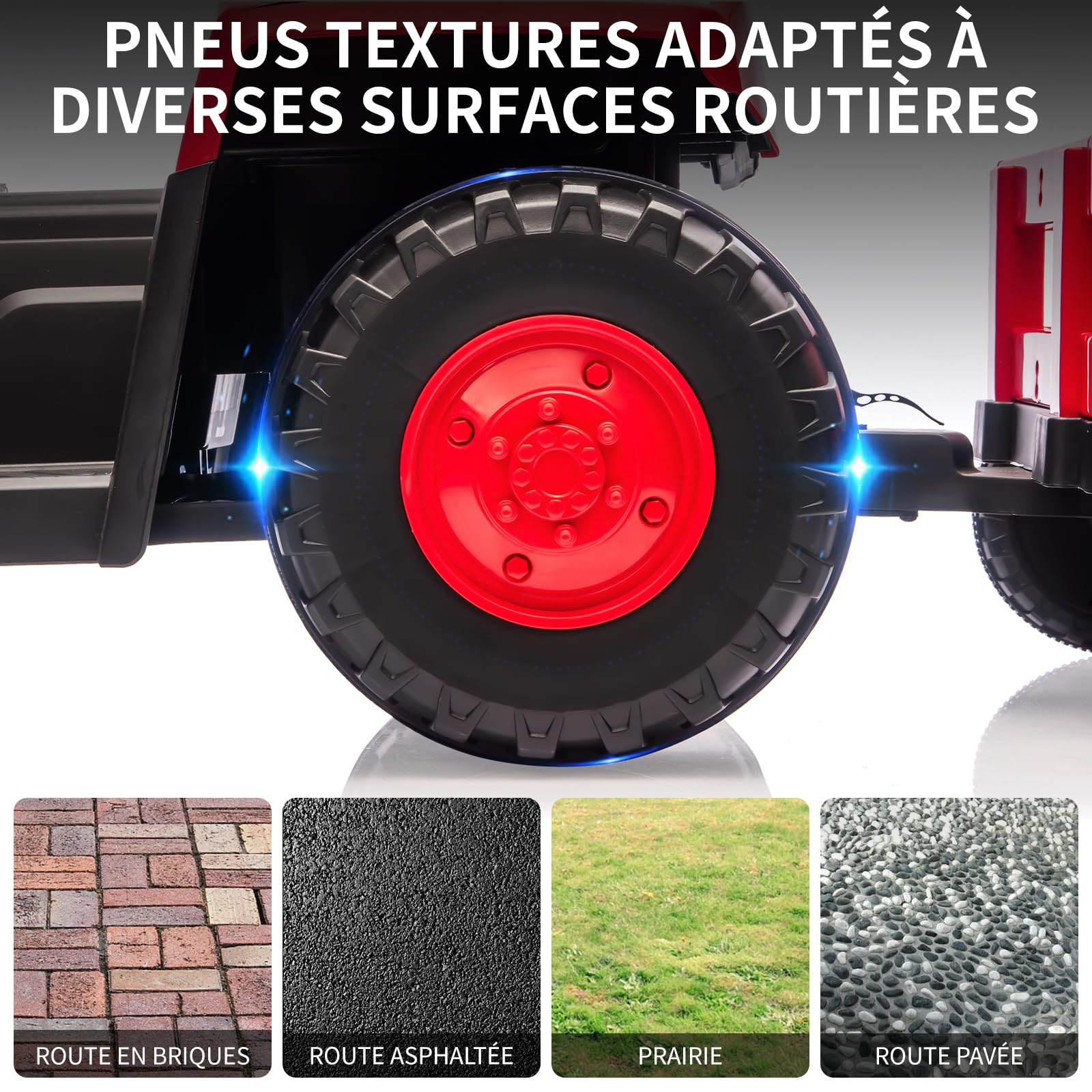 Trattore elettrico per bambini Garvee 12V con rimorchio staccabile, telecomando, doppi motori, fari a LED per giardino e cortile, 6 pneumatici, multicolore