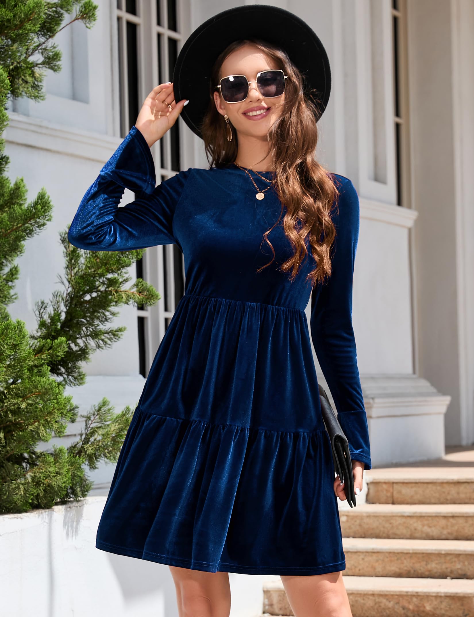 Garvee - Elegante abito invernale in velluto da donna, manica lunga, scollo rotondo, mini abito con volant, blu scuro, XL