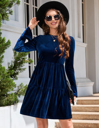 Garvee - Elegante abito invernale in velluto da donna, manica lunga, scollo rotondo, mini abito con volant, blu scuro, XL