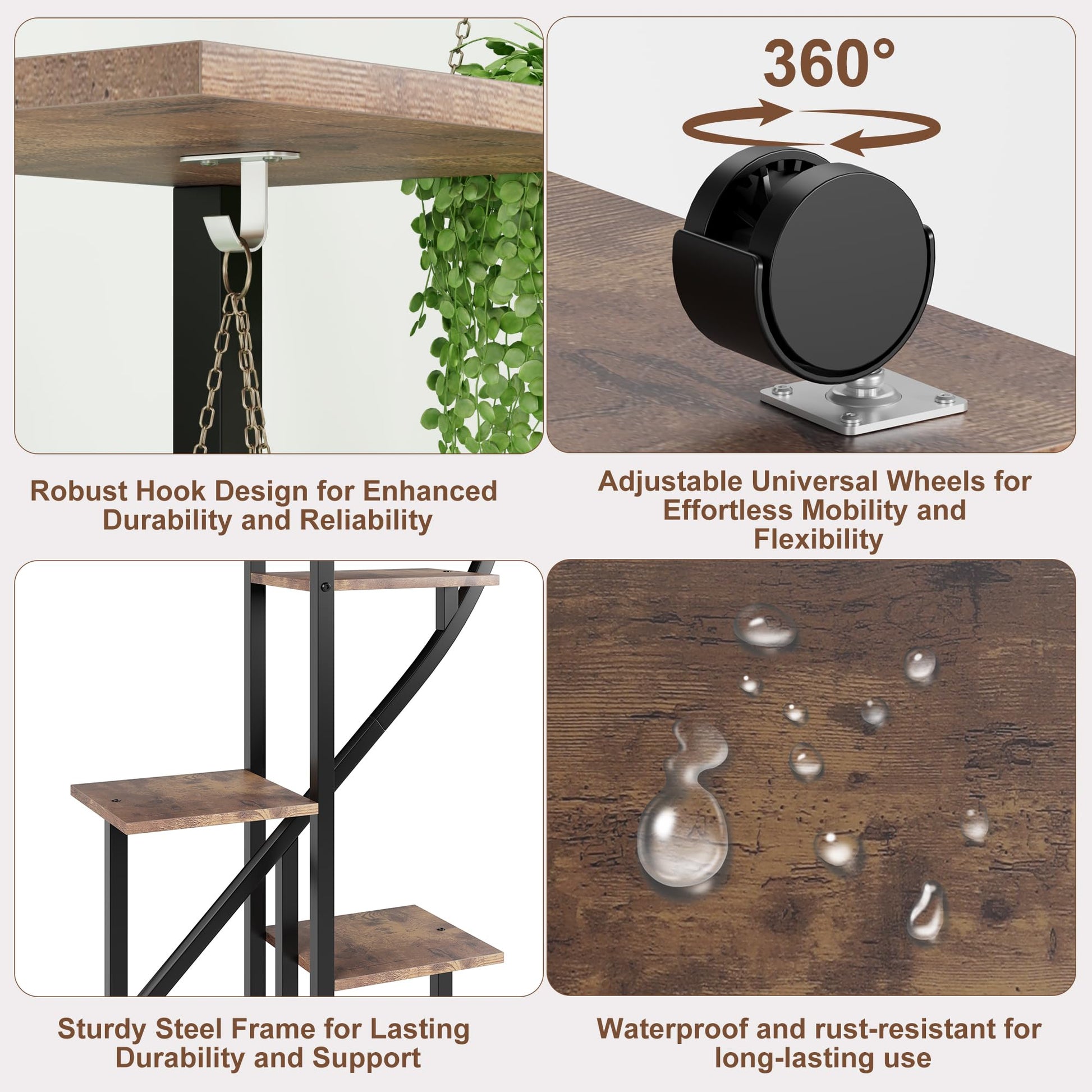 Garvee Set di 2 portavasi in metallo a 6 ripiani con ruote, design a mezzo cuore, ripiani in legno per giardino e balcone, mobile, robusto, 68 pollici, nero