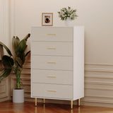 Cassettiera Garvee bianca a 5 cassetti con maniglie e gambe in metallo dorato per camera da letto e corridoio, stretta, in legno, design moderno