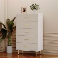 Cassettiera Garvee bianca a 5 cassetti con maniglie e gambe in metallo dorato per camera da letto e corridoio, stretta, in legno, design moderno