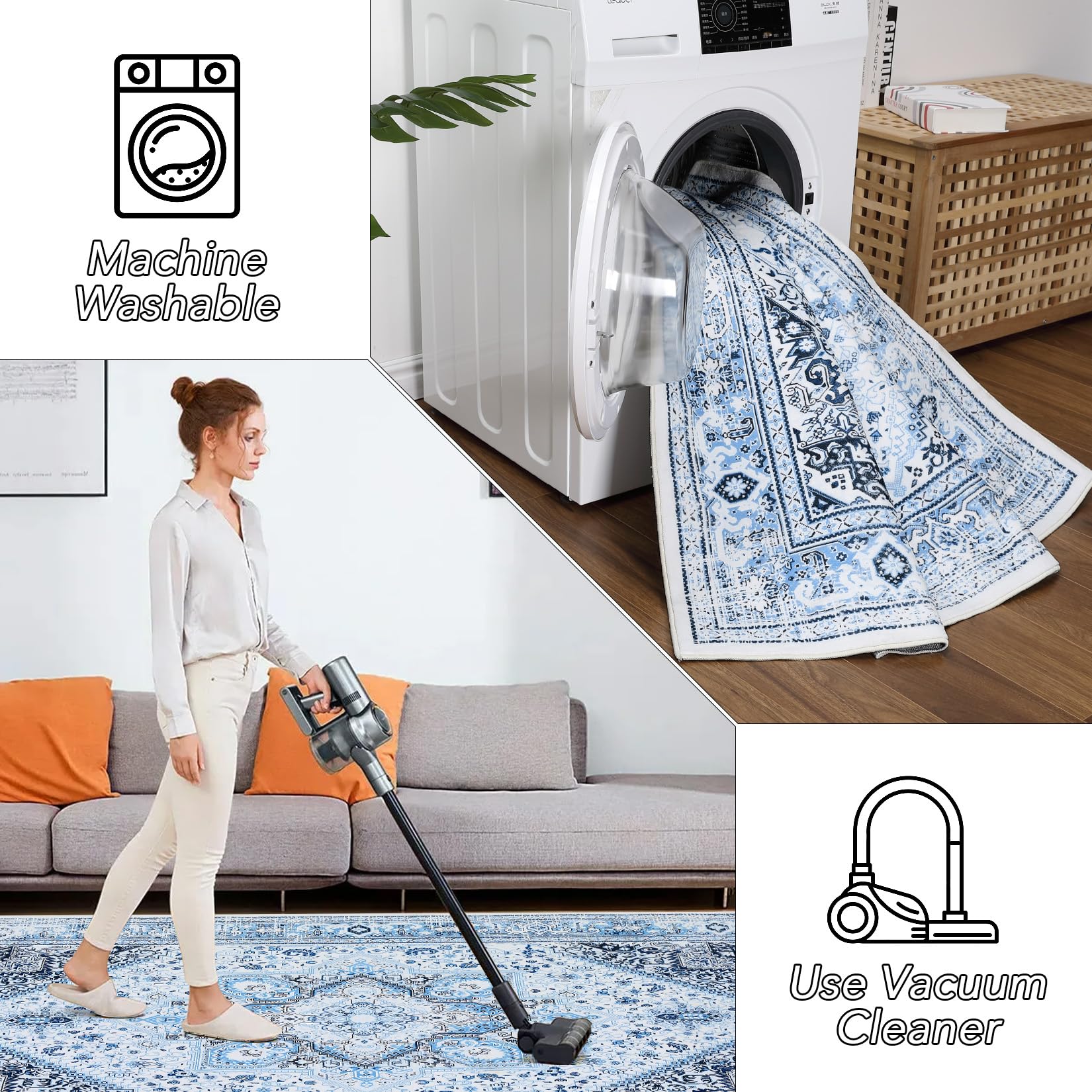 Tappeto Adirondack GARVEE, motivo orientale, blu, 80x150 cm, per soggiorno e ufficio, facile da pulire, resistente