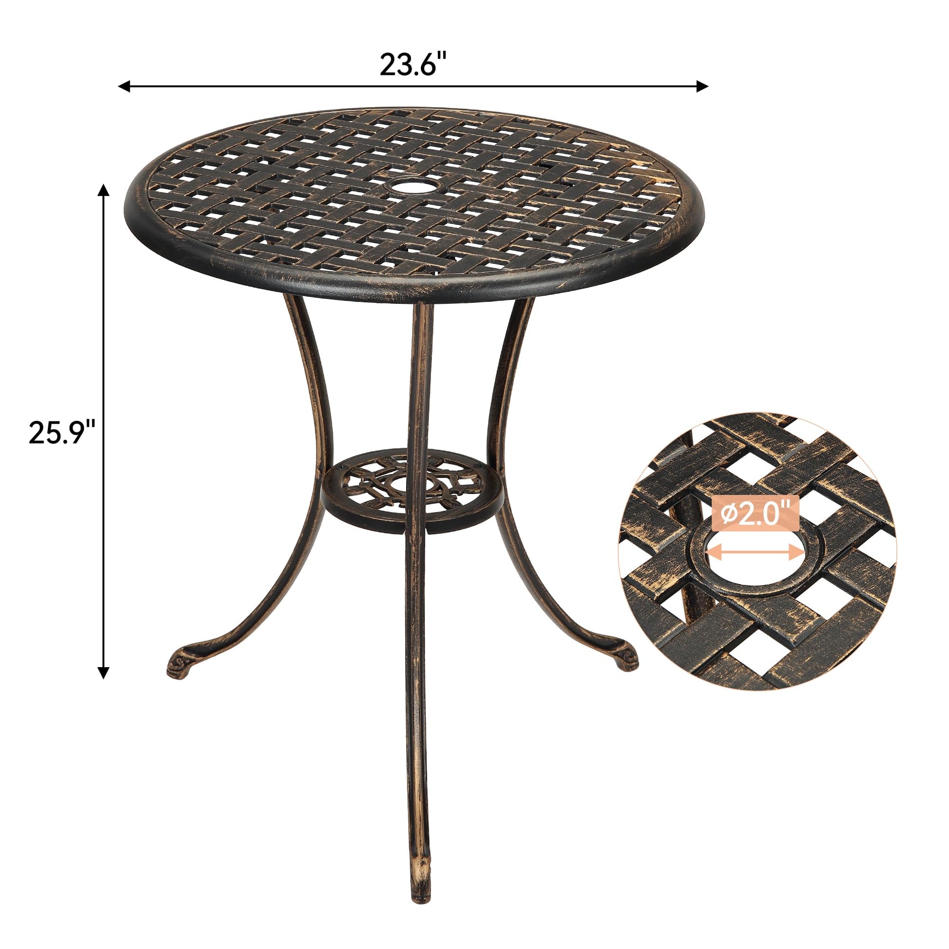 Tavolo da bistrot in alluminio Garvee da 24" con foro per ombrellone, antiruggine, bronzo vintage per giardino e balcone, robusto, leggero