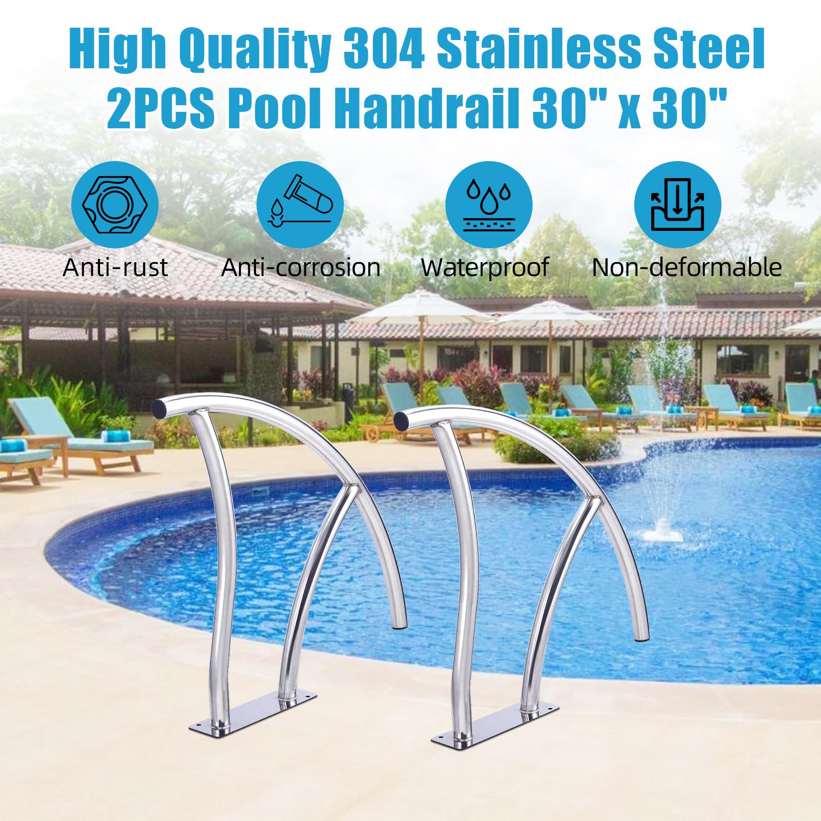 Corrimano per piscina Garvee, 2 pezzi, 30"x30", acciaio inossidabile 304, antiruggine, copertura maniglia blu, per piscine interrate, robusto