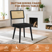Set di 2 sedie da pranzo in rattan naturale Garvee con seduta imbottita in velluto e gambe in legno massello per cucina e sala da pranzo, stile boho nero