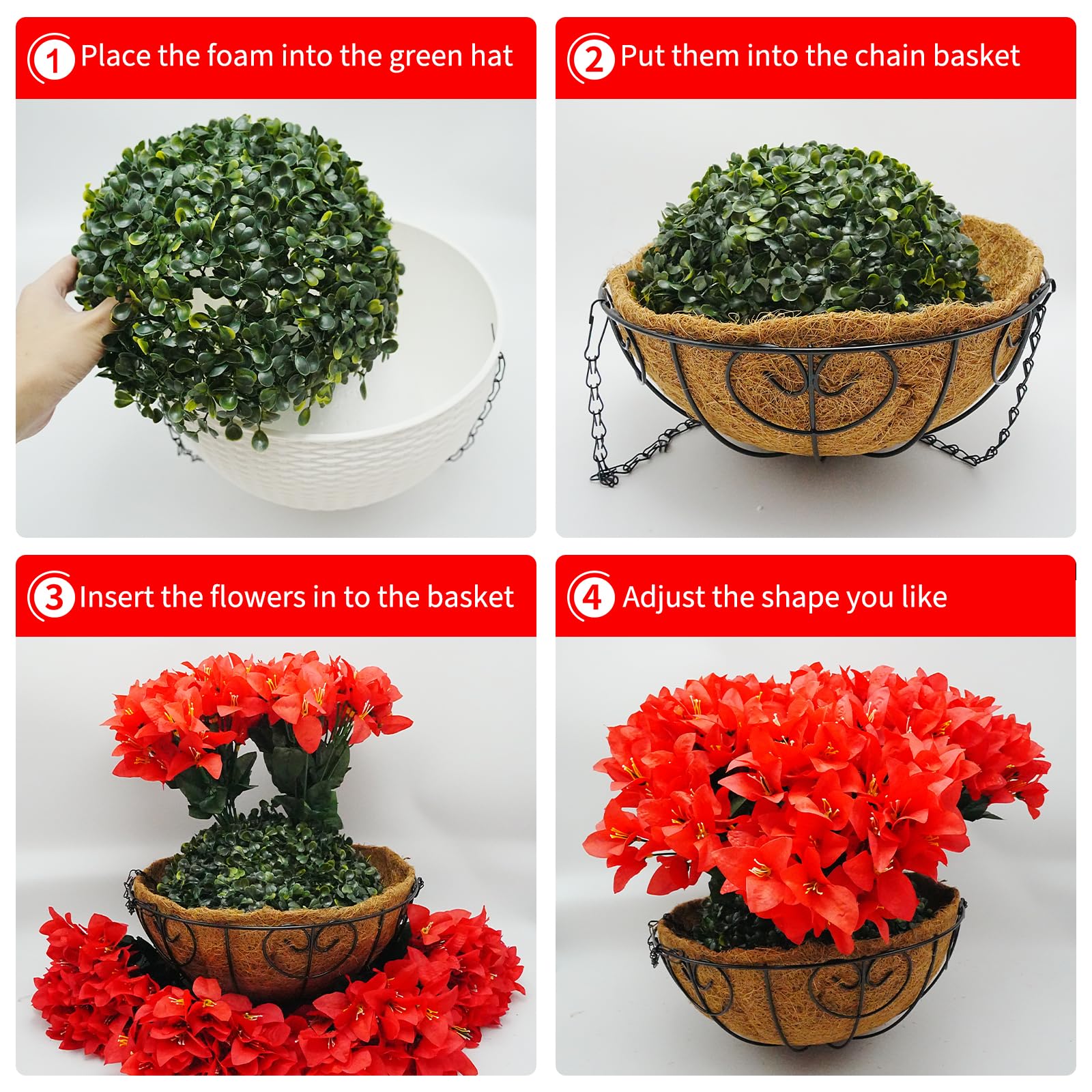 Garvee Set di fiori di bouganville artificiali con cesto per giardino e terrazza, resistenti alle intemperie e ai raggi UV, rosso e verde