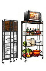 Garvee Carrello Portaoggetti Pieghevole 4 Ripiani, Capacità 45 kg, Ruote Bloccabili, Legno Ingegnerizzato, Telaio in Metallo, Organizer Cucina e Garage, 50x25x99 cm (LxPxAx), Legno Naturale