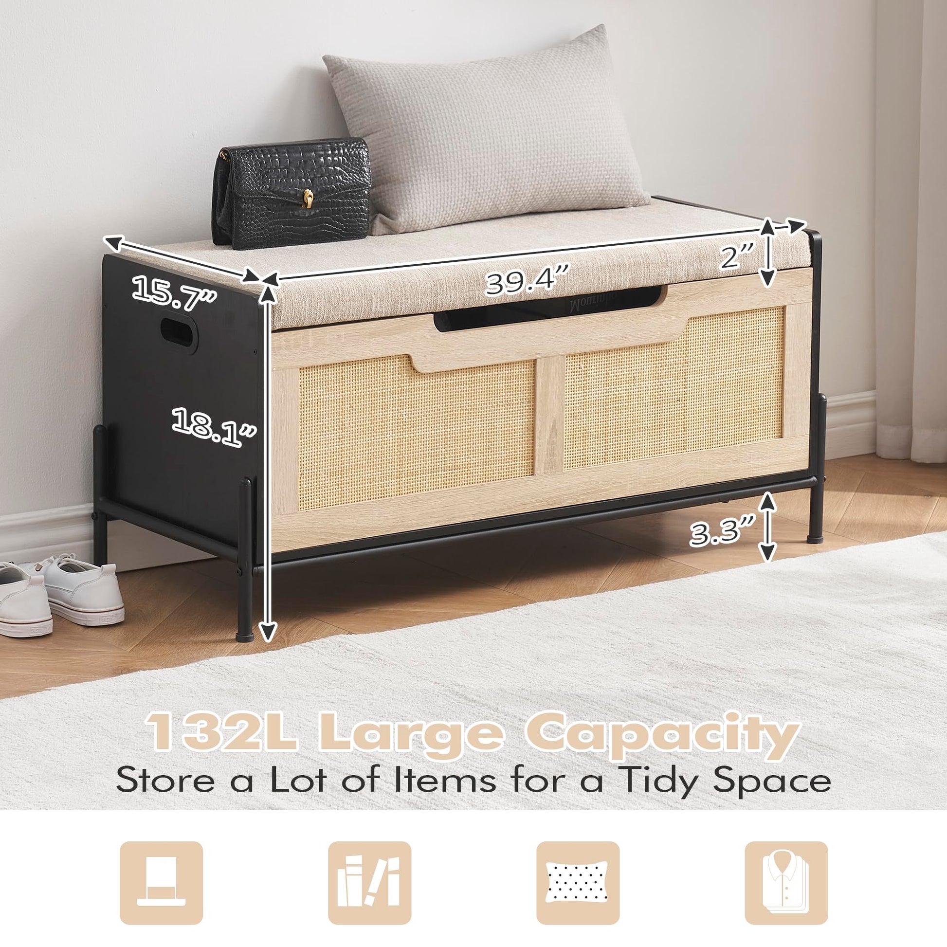 Panca portaoggetti in rattan Garvee da 39,4" con cuscino per seduta, 2 cerniere di sicurezza, cassapanca portaoggetti, scarpiera, rovere e nero per soggiorno e corridoio