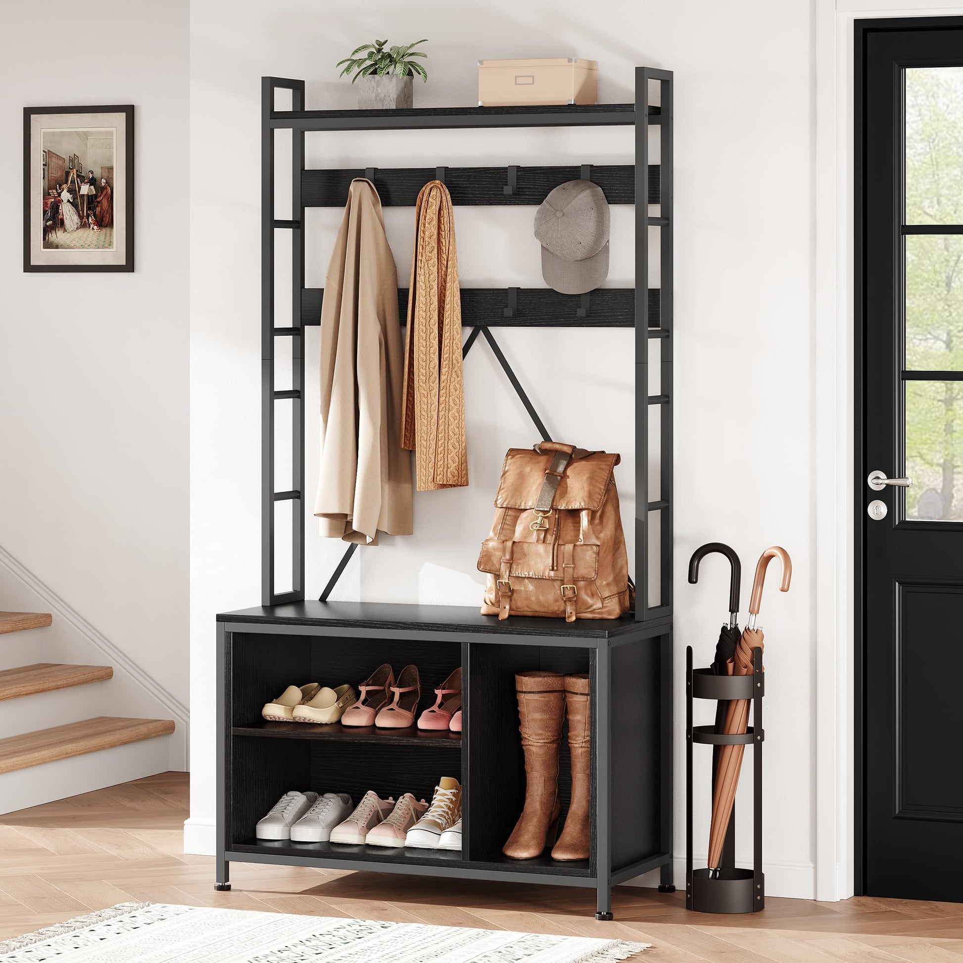 Appendiabiti Garvee con panca e guardaroba, organizer 5 in 1 per corridoio e ingresso, colori legno naturale