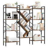 Garvee Libreria Tripla a 5 Ripiani in Legno Rustico con Struttura in Acciaio per Soggiorno e Ufficio, 158x24x140 cm, Marrone