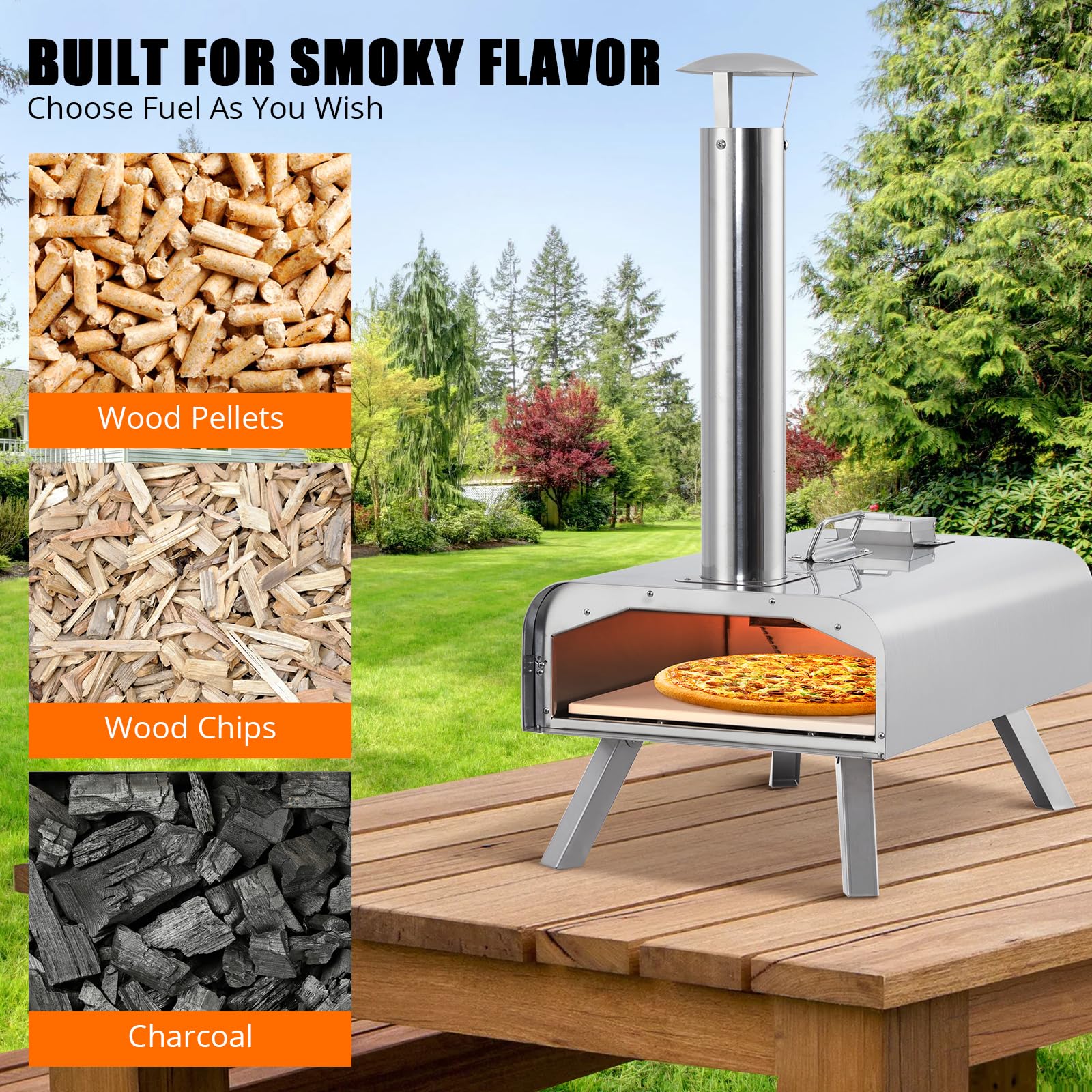 Forno per pizza da esterno Garvee da 30.48 cm a pellet di legno in acciaio inossidabile portatile con termometro per campeggio e giardino, nero