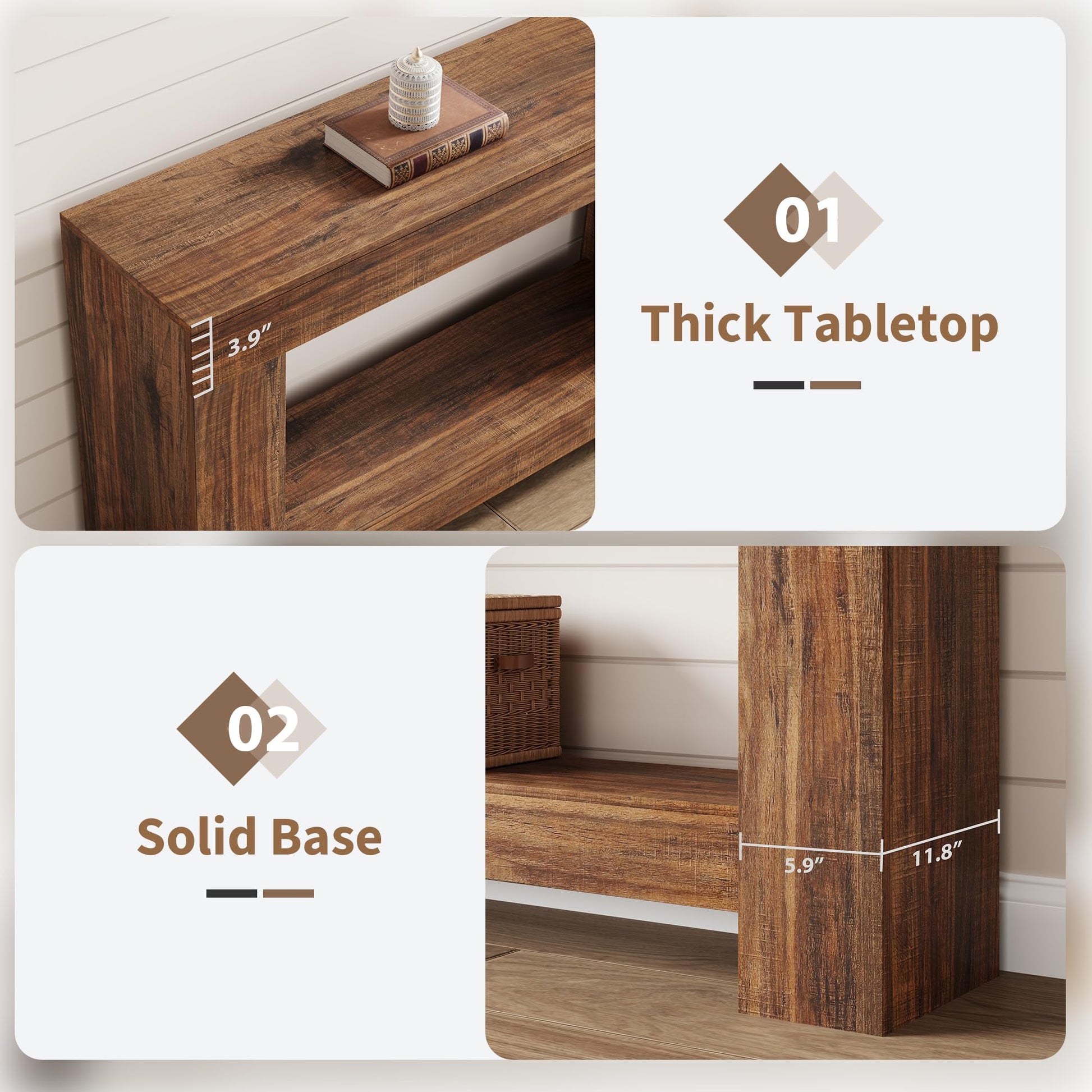 Tavolo consolle Garvee da 47" per corridoio con 2 ripiani, base in legno robusto, stile country, soggiorno e ingresso, marrone