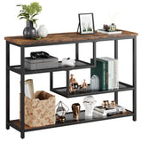 Tavolo consolle Garvee, 4 ripiani con ripiano in vetro e struttura in metallo per corridoio e soggiorno, 39,4" x 11,8" x 29,5", grigio rustico