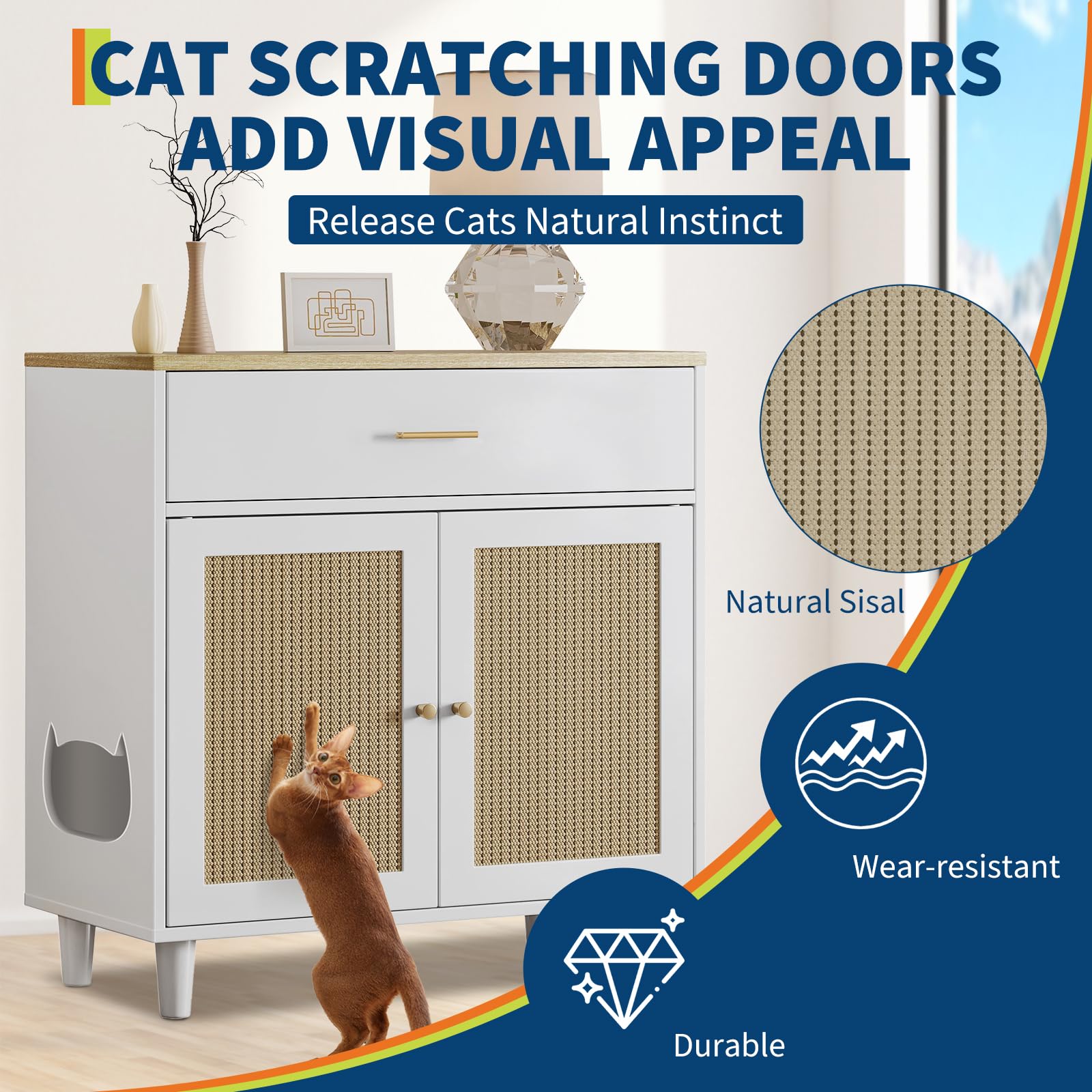 Garvee, mobiletto per lettiera nascosta per gatti con contenitore, ante in sisal, legno, soggiorno, 31,75x15,75 pollici, colore naturale