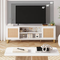 Mobile porta TV Garvee in rattan da 66 pollici, bianco, moderno, con spazio di archiviazione, ante in rattan, gambe dorate per soggiorno e camera da letto