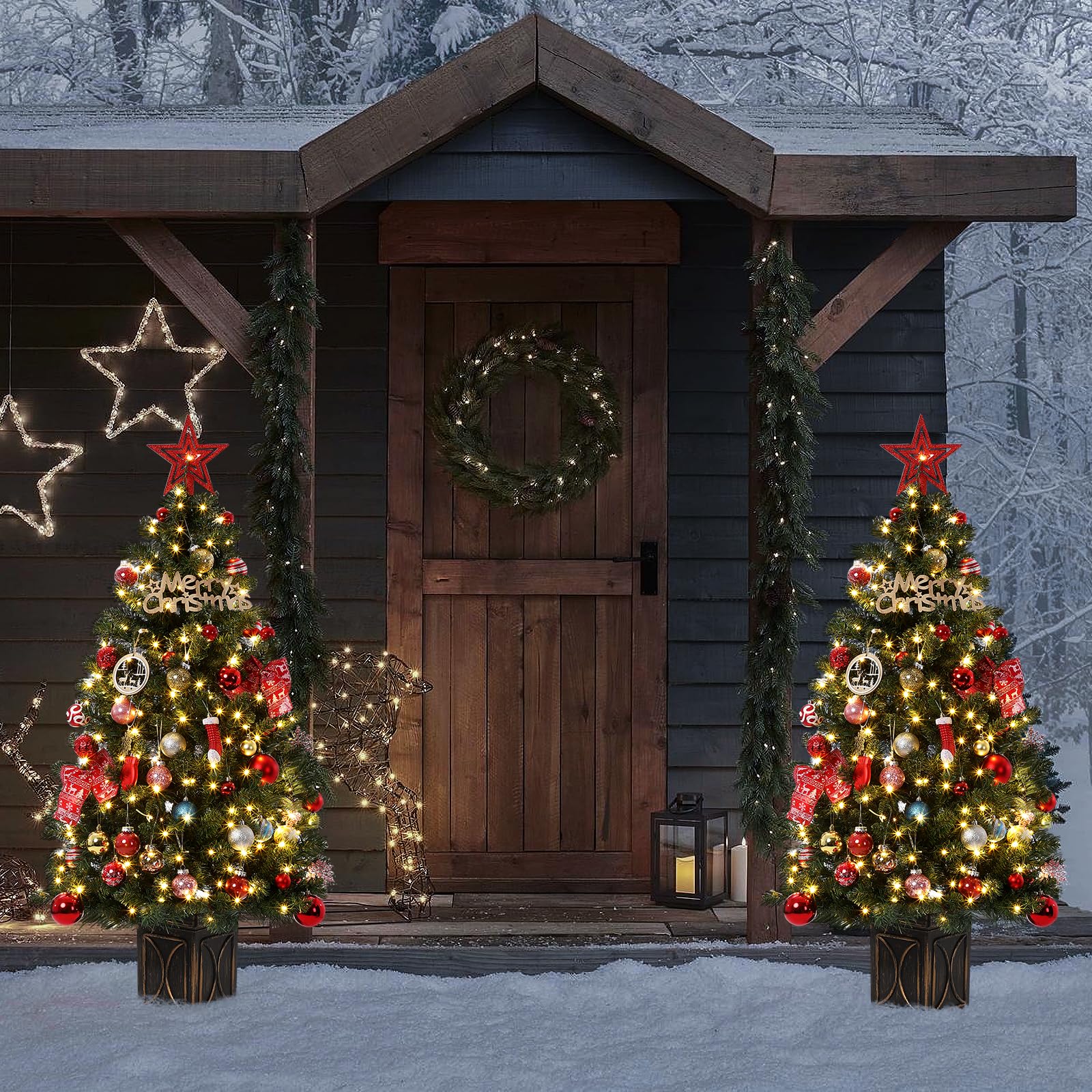 Albero di Natale artificiale Garvee da 4.5 piedi verde con 300 luci LED, 8 modalità di illuminazione, anche in PVC per casa e fisso, base in cemento, denso e realistico