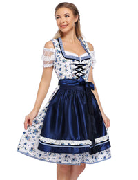 Garvee Dirndl tradizionale da donna per l'Oktoberfest, abito con gonna midi, camicetta e grembiule, motivo floreale, blu navy, taglia M