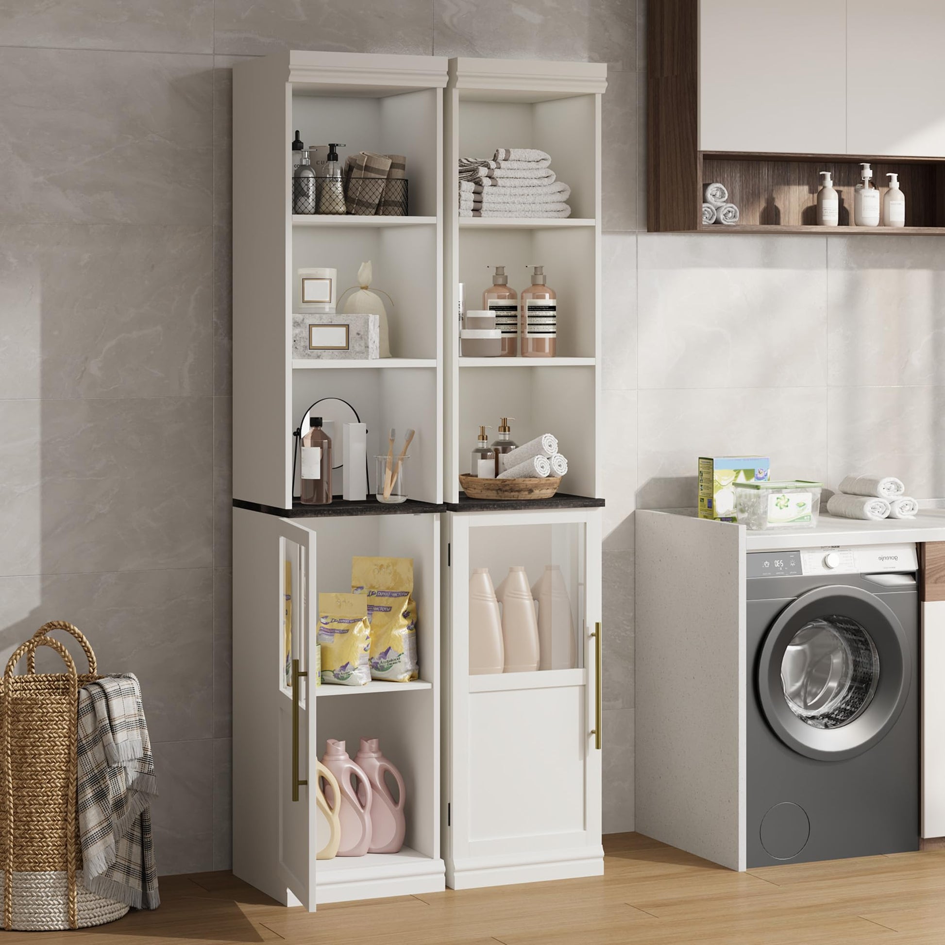 Mobiletto portaoggetti per bagno Garvee da 177.8 cm, stretto, indipendente con anta e ripiani aperti per piccoli spazi, in legno impermeabile