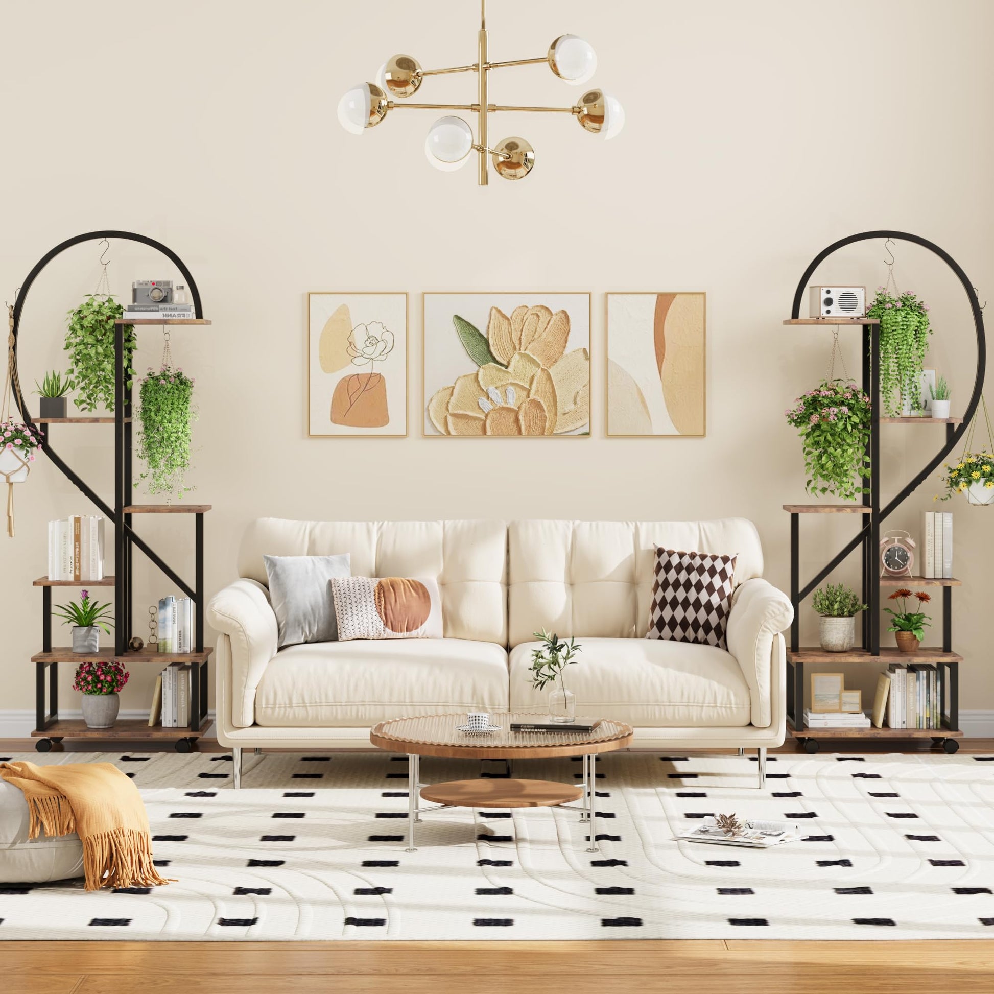 Garvee Set di 2 portavasi in metallo a 6 ripiani con ruote, design a mezzo cuore, ripiani in legno per giardino e balcone, mobile, robusto, 68 pollici, nero