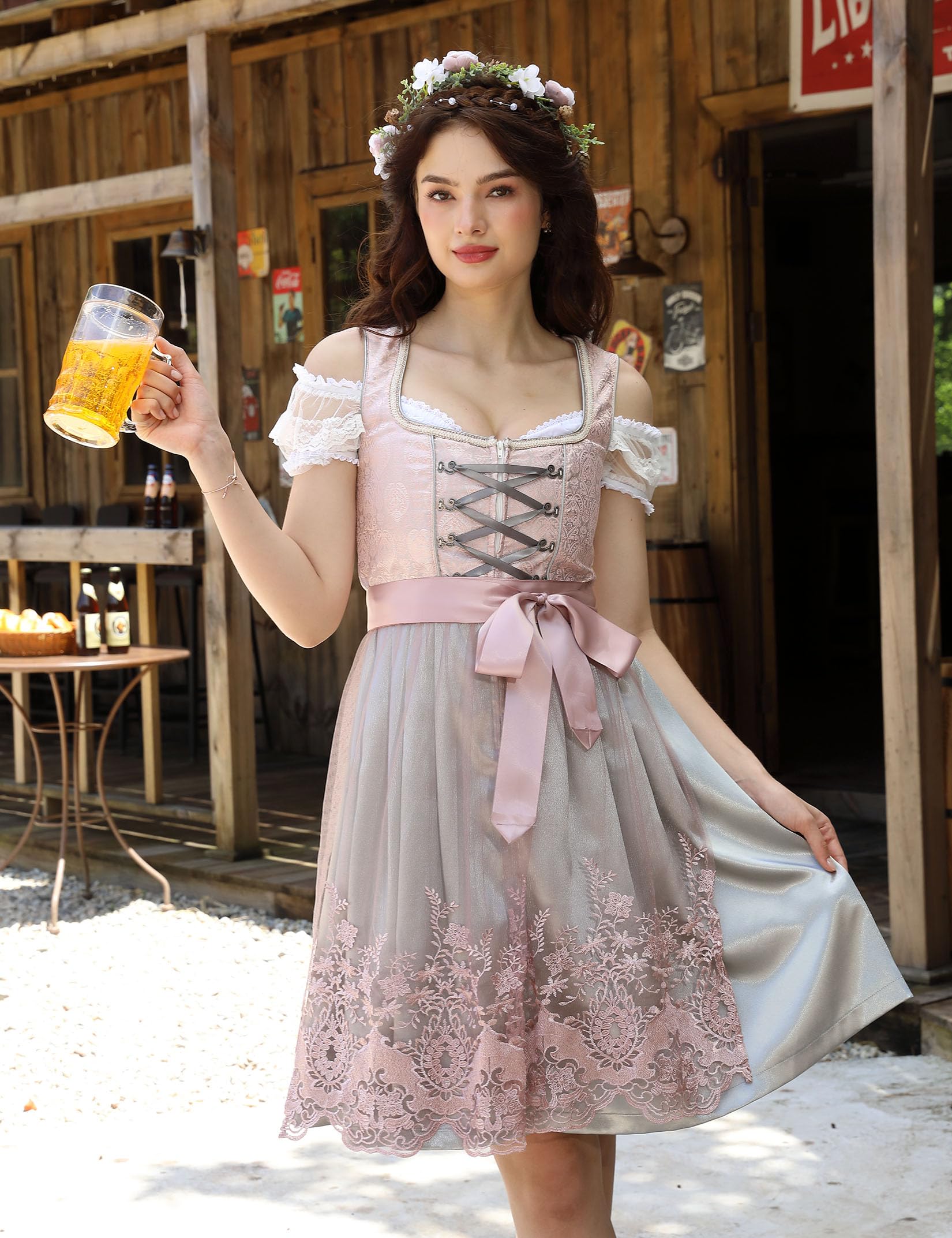 Garvee Dirndl - Abito tradizionale midi da donna, set completo da 3 pezzi per l'Oktoberfest, grigio, taglia 46