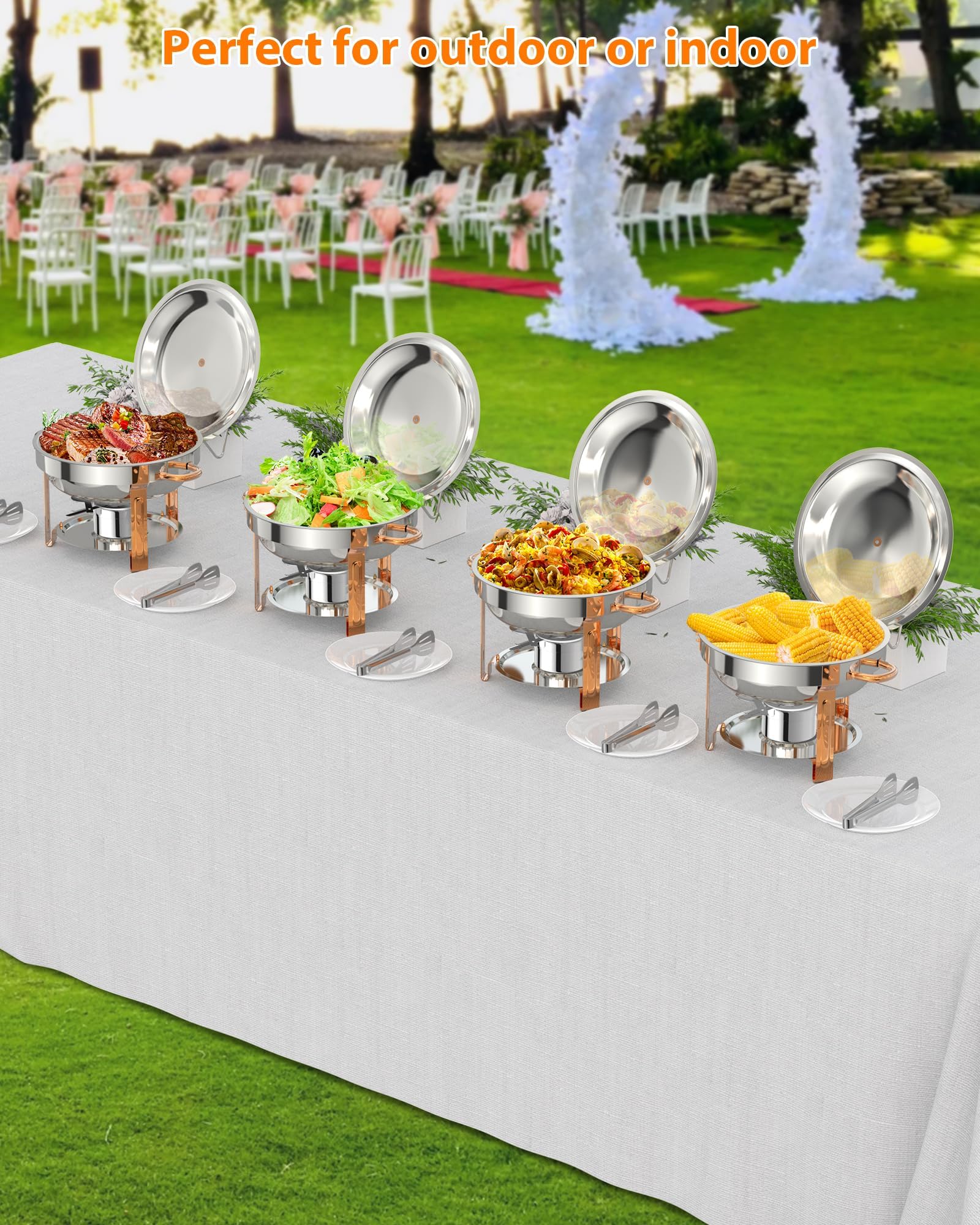 Chafing Dishes rotondi Garvee, set da 6, 5QT, posate da buffet in acciaio inossidabile, scaldavivande con coperchi, cucchiai, pinze per catering, feste, matrimoni, argento